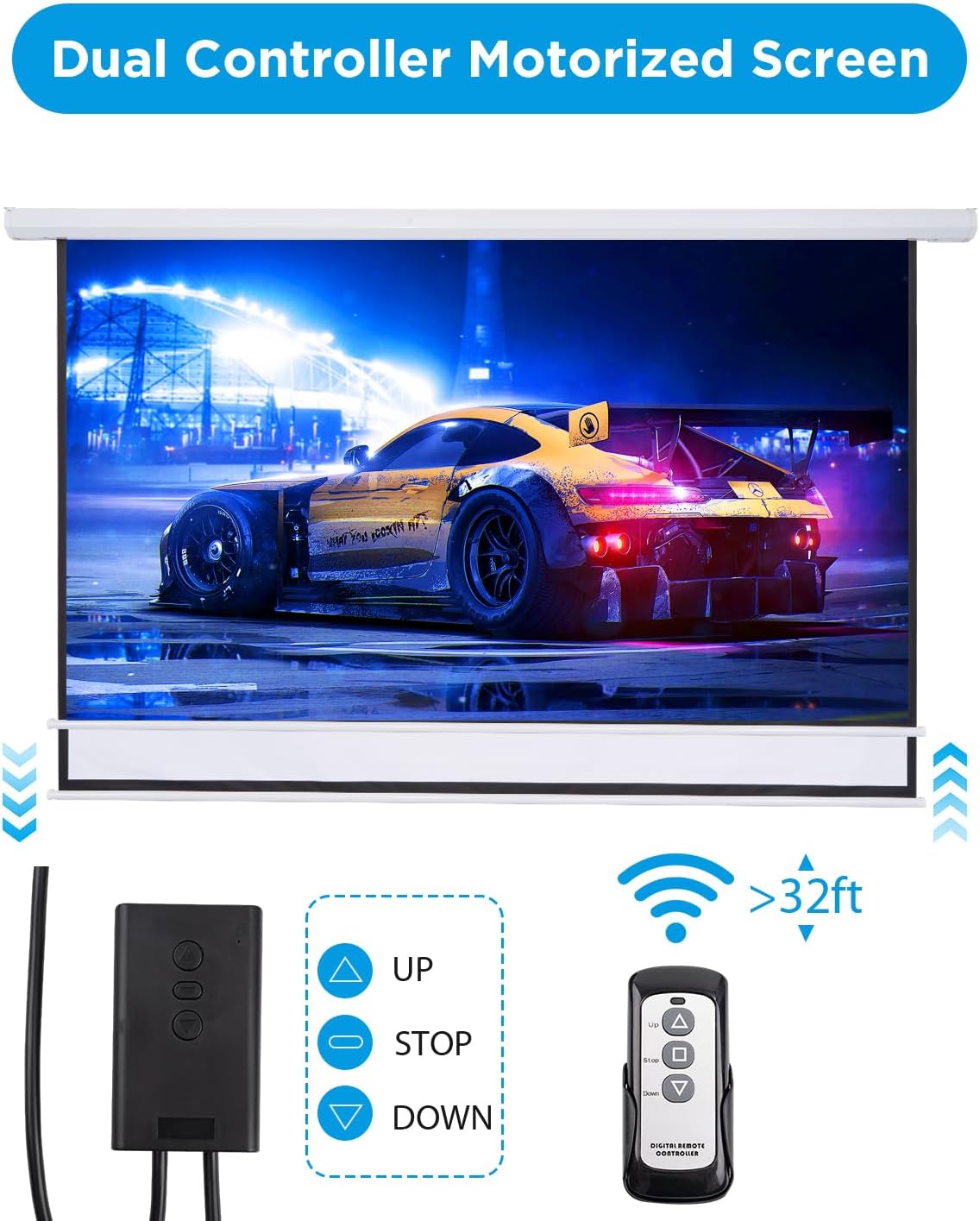 Projector Screen Motorized Pull Down 84 Inch 16:9 Electric Projector Screen with Remote, Automatic Projector Screens Wall Ceiling Mount Small White Movie Screens for Projectors Outdoor Indoor