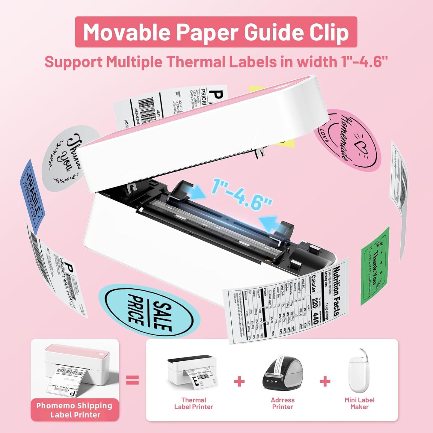 Phomemo Thermal Shipping Label Printer, 241BT Label Printer for Shipping Packages & Small Business, Pink 4x6 Bluetooth Label Printers Compatible with Android iOS Windows, Amazon, Ebay,UPS, Shopify