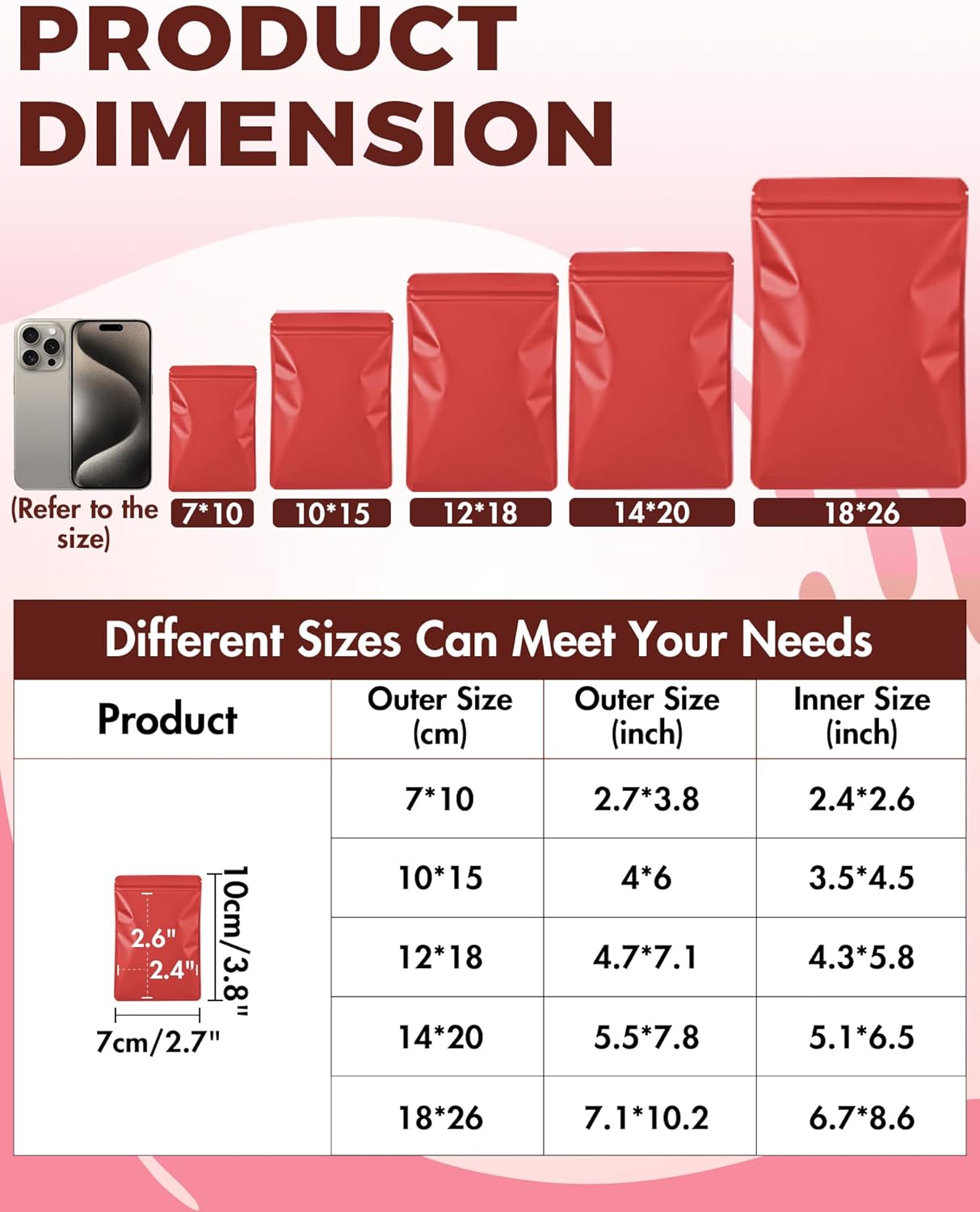 FireKylin 100 Pack Resealable Packaging Bags for Small Business Double-Sided Color Smell Proof Bags for Food Storage Flat Bags (Red, 2.7" x 3.8")