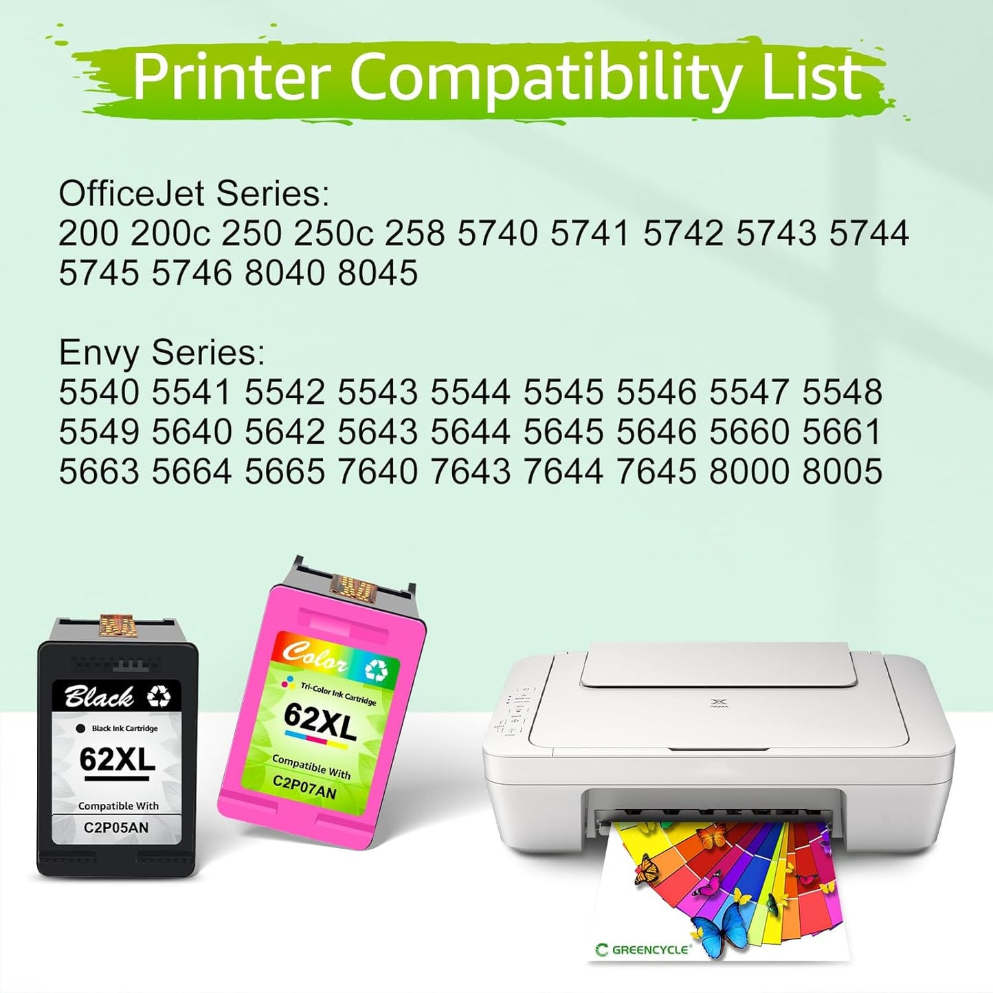 GREENCYCLE 62XL Black Ink Cartridge Replacement for HP 62 XL C2P05AN Remanufactured Cartridges Compatible for Envy 5540 5640 5660 7644 7645 OfficeJet 5740 8040 OfficeJet 200 250 Series Printer, 2 Pack