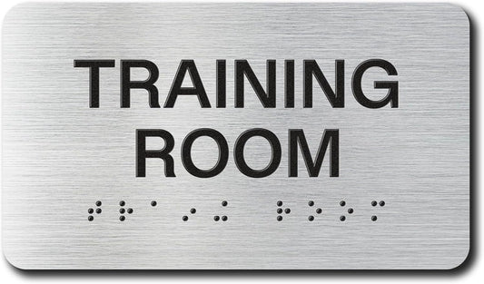 TRAINING ROOM Signs with Raised Text & Grade 2 Braille, Brushed Aluminum/Silver Finish Easy Install with Double-Sided Tape, ADA Compliant Custodian Door Sign for Businesses & Offices