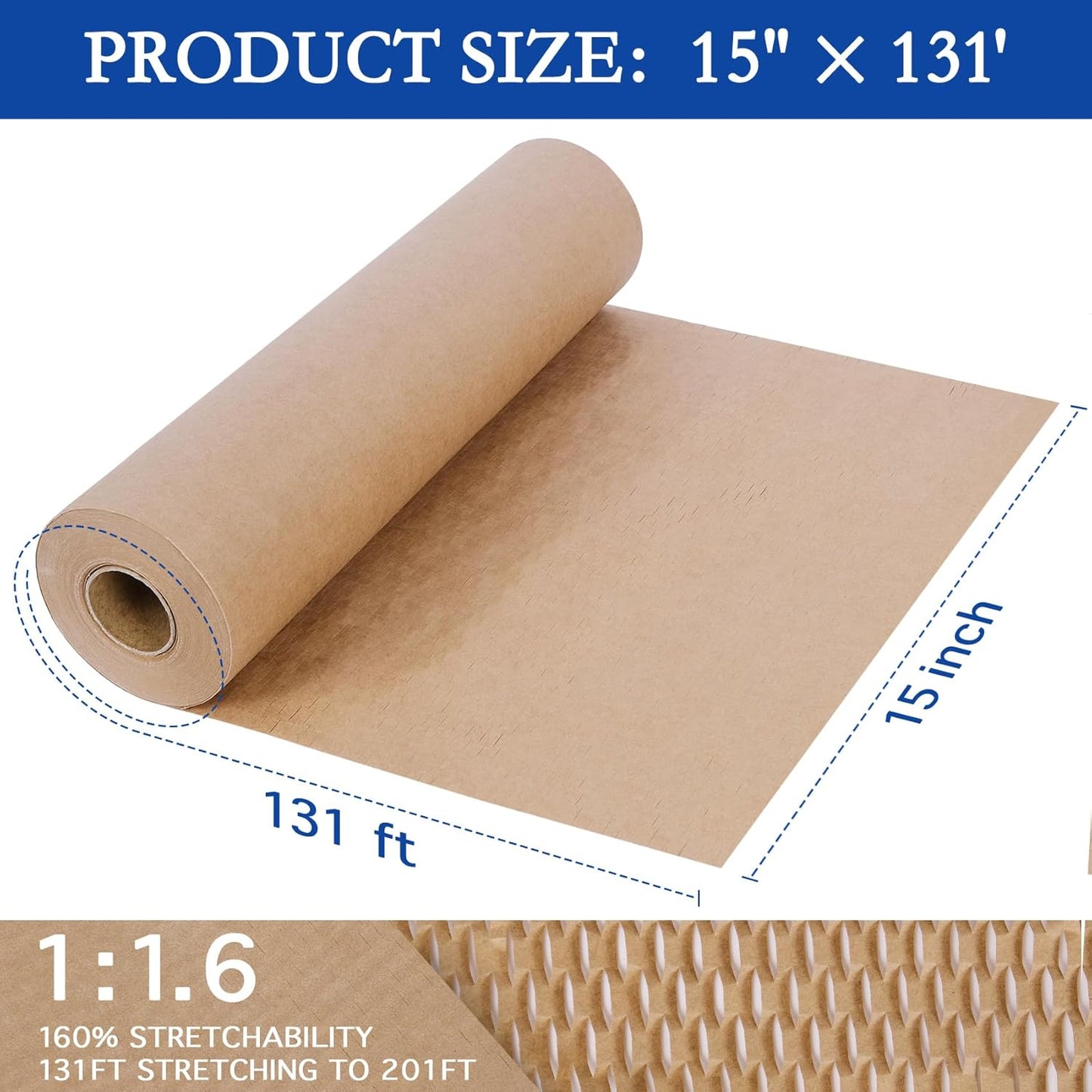 Aimyoo Honeycomb Packing Paper, 15" x 131' Recycled Bubble Wrap for Packing, Eco Friendly Bubble Packing Paper Wrapping Roll for Moving Shipping Packaging