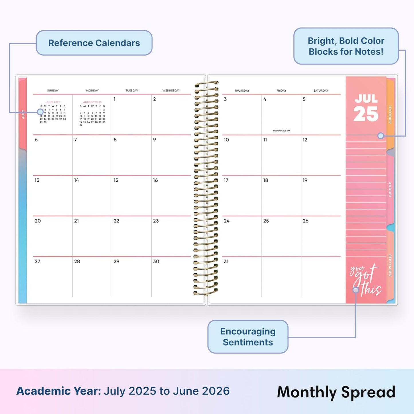 Blue Sky Livewell 2025-2026 Weekly and Monthly Academic Year Planner Calendar, July 2025 - June 2026, 7" x 9", Flexible Cover, Wirebound, Laminated Tabs, Storage Pocket, Includes Stickers, Rainbow