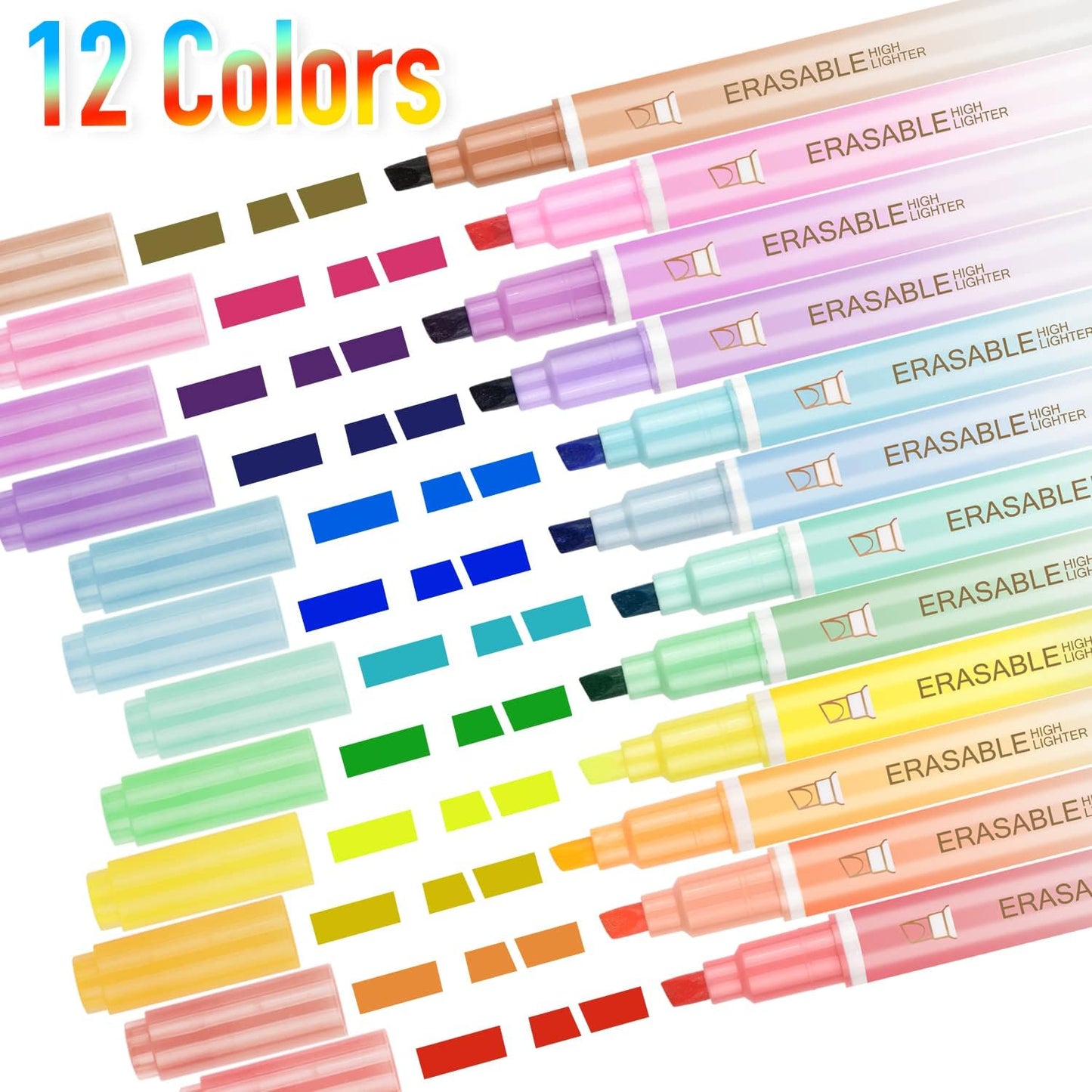 Erasing Highlighters, 12 PCs Dual-Head Smooth Writers, Chisel Tip in Multiple Colors - Bible, Notes, School & Office
