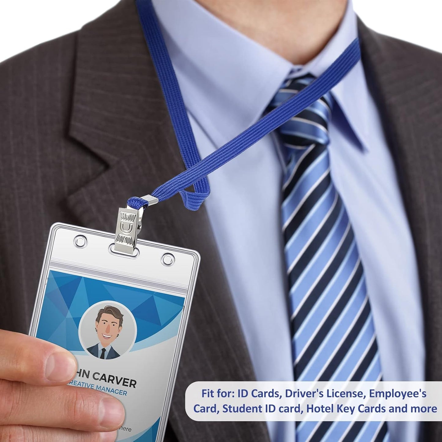 Marspark 200 Pcs Name Tag Lanyards with ID Holder Lanyards for ID Badges Resealable Flat Neck Name Tag with Clip Waterproof Plastic Clear Badges Bulk for School Office Supplies (Blue)