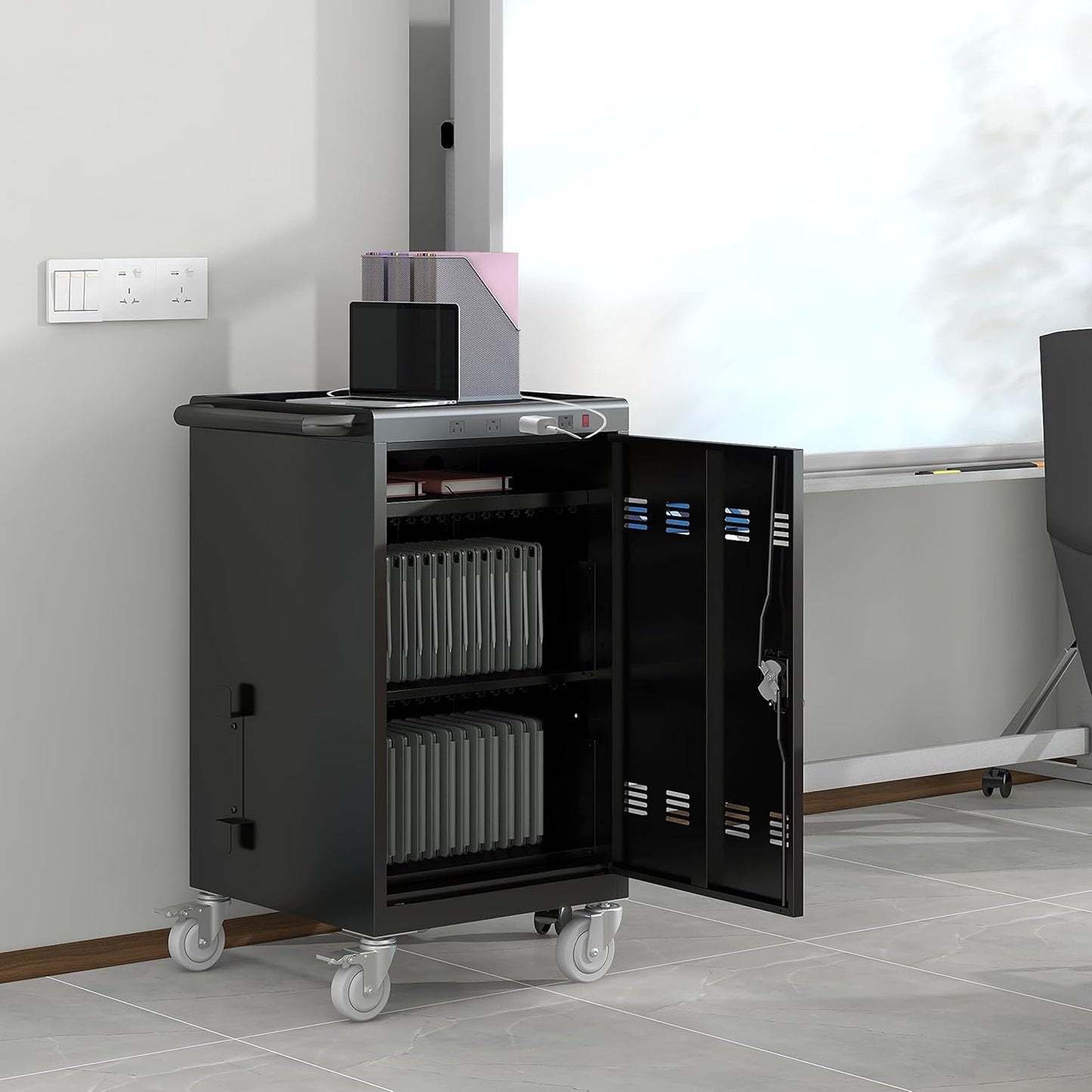 36 Device Charging Cart, Laptop and Tablet Storage Cart, Holds Up to 16.3" with Cord Management, Front and Rear Door Locks, Classroom or Office Charging Cabinet.Black with 4 Position Power Strip