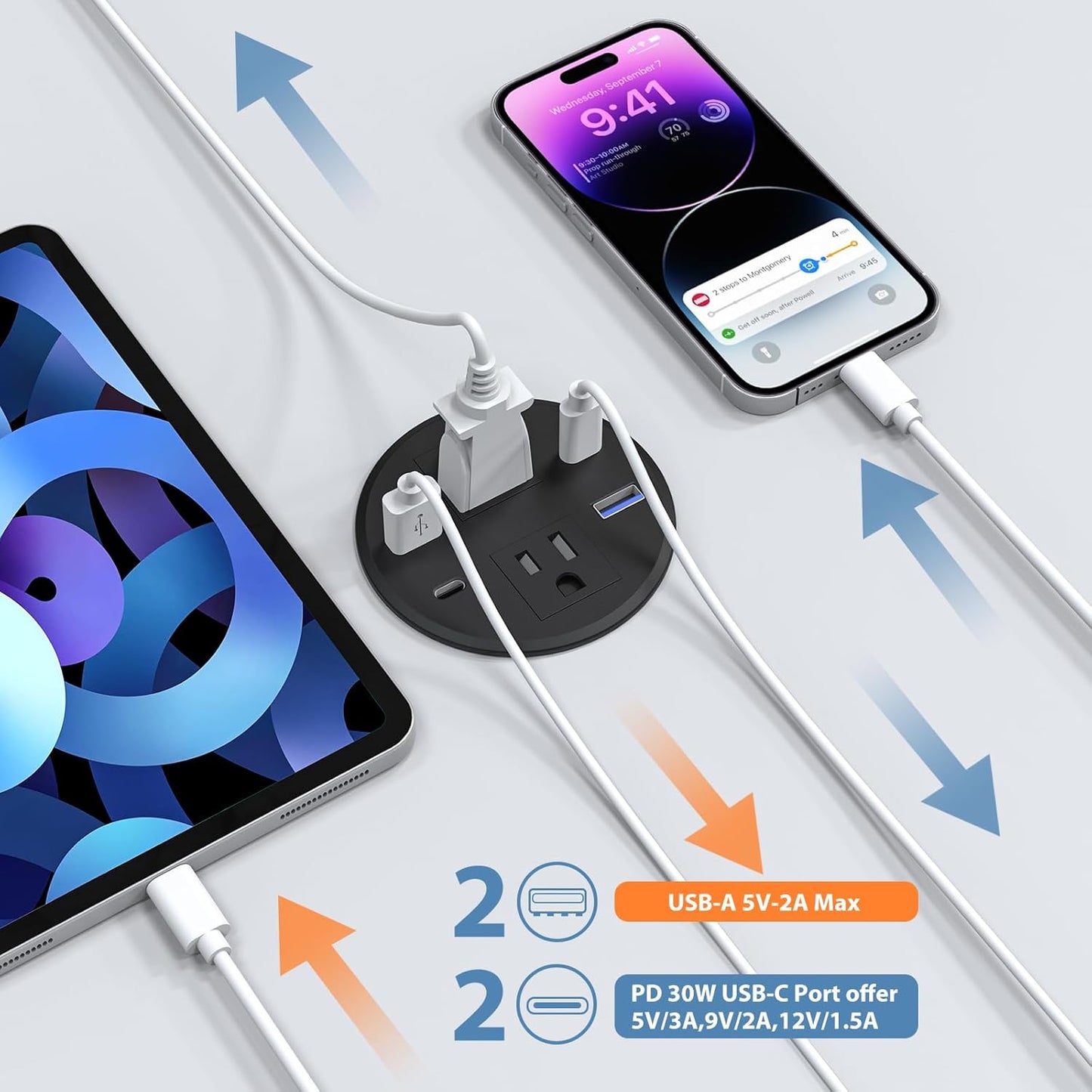 Recessed Power Grommet with AC Outlets, 3inch Desktop Power Grommet Outlet,30W PD Fast Charge for Deskt - Flush-Mount Recessed Power Strip,Home and Workspace Essential Desk Outlet