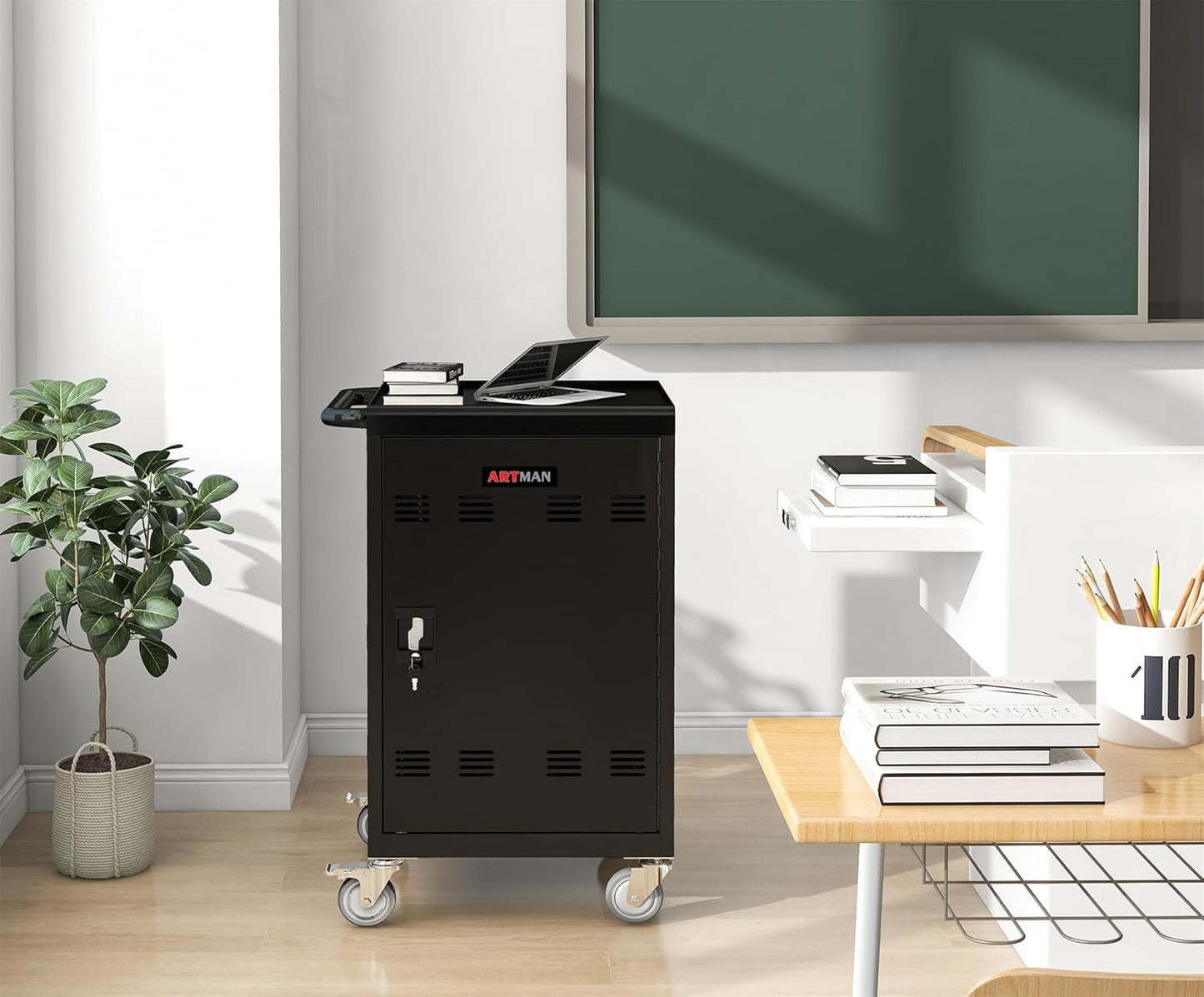 30 Devices Mobile Charging Cart and Cabinet, Laptop Storage Cart, Lockable Charging Station, Cables are Easy to Manage, Up to 16.3" Screen for Tablets Laptops, Laptop, and Chromebook, Black