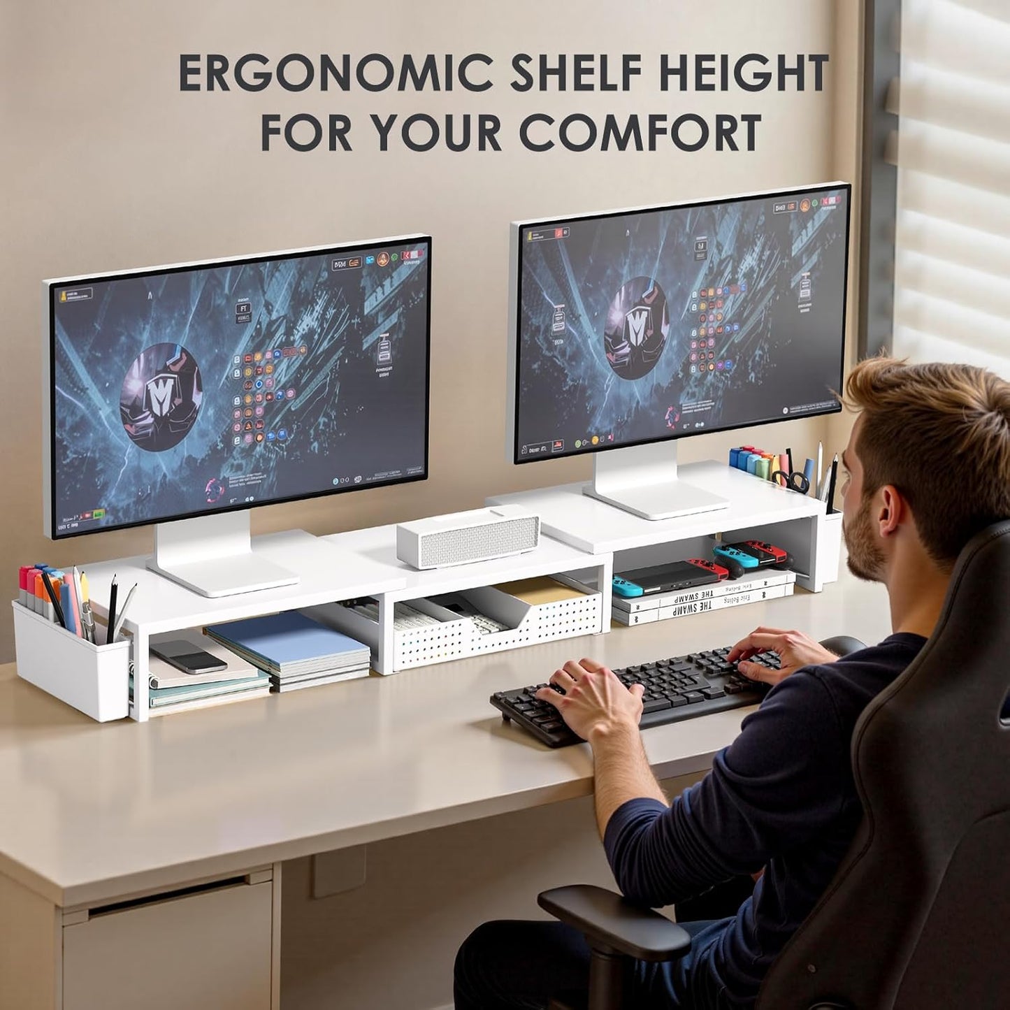 White Dual Monitor Stand Riser, Metal Desk Organizers and Accessories with Drawer and 2 Pen Holders, Computer Monitor Stand for Desk
