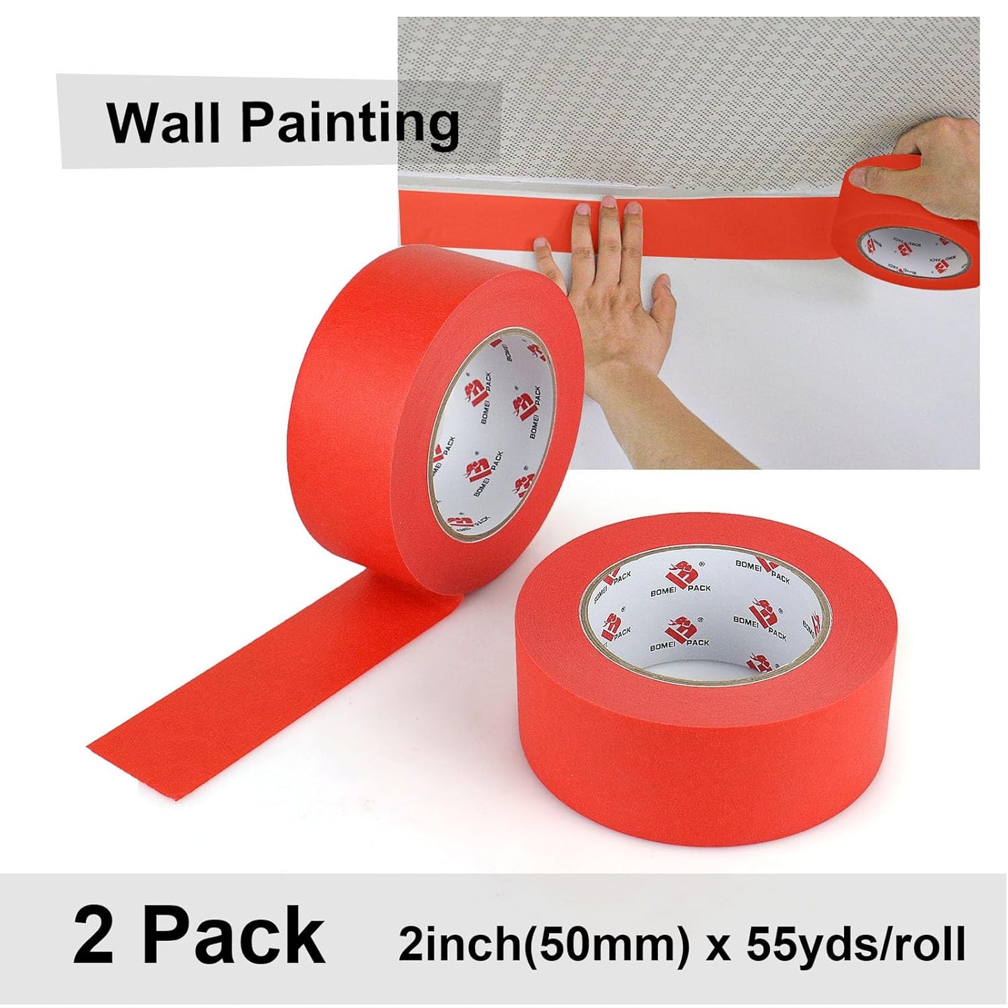BOMEI PACK 2 Inch Painters Tape, 2 Pack Paint Red Masking Tape 2 inch x 55 Yards for Walls Painting, Labeling, DIY Crafting, Decoration and School Projects