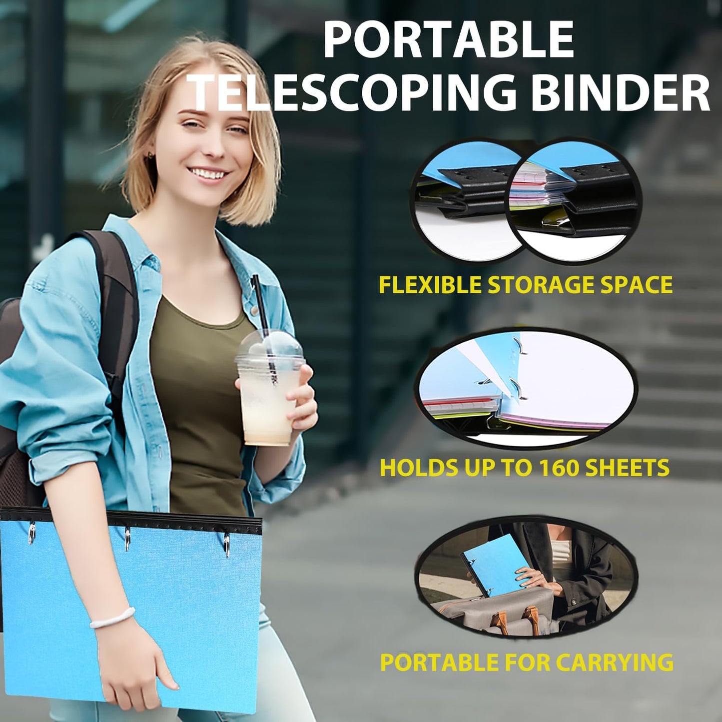 Telescoping 3 Ring Binder-4PCS, Flexible Binder with Elastic Rubble Spine+3 Round Rings, Flat Writing Binder, 4 Bright Colors