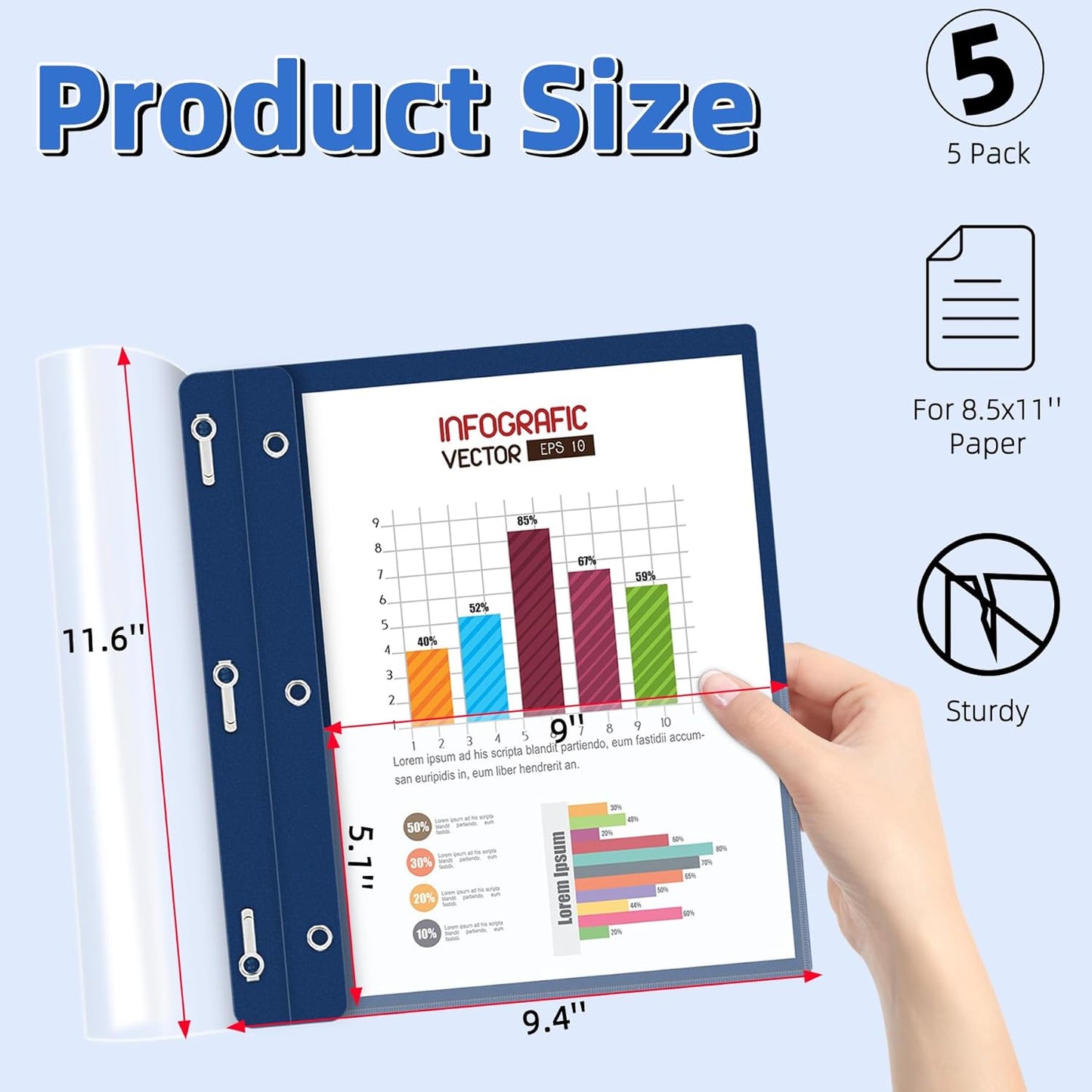 HAUTOCO 5 Pack Plastic Report Covers with 3 Prongs Fasteners Clear Front Resume Portfolio Folder for 8.5x11 Letter Size Paper, Presentation Document Report Cover for School Office Business, Navy Blue