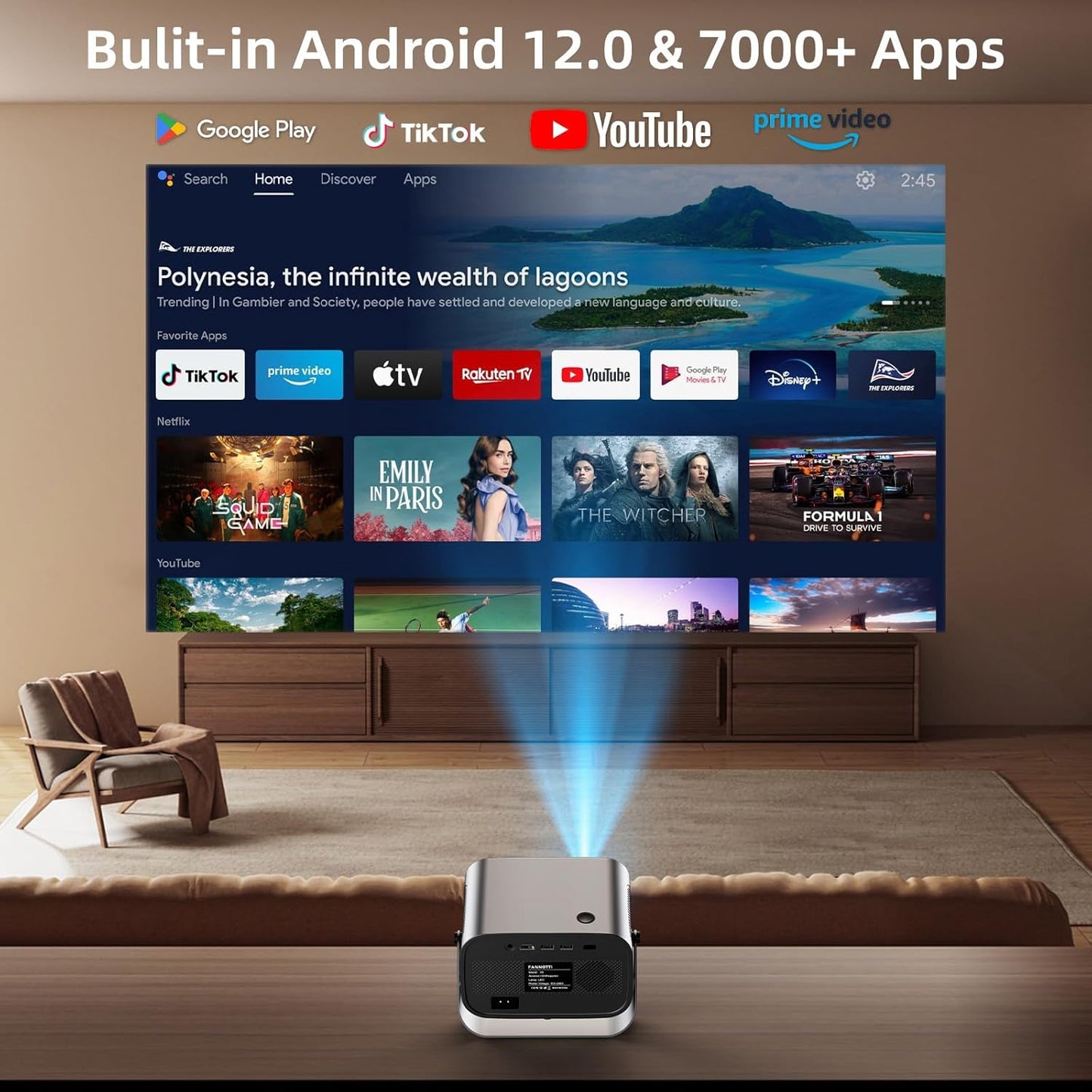 Smart Projector with WIFI and Bluetooth, 800ANSI Native 1080P Portable Projector Built-in Apps, Auto Keystone & Electric Focus Movie Projector for Home Theater, Compatible with IOS/Android/HD
