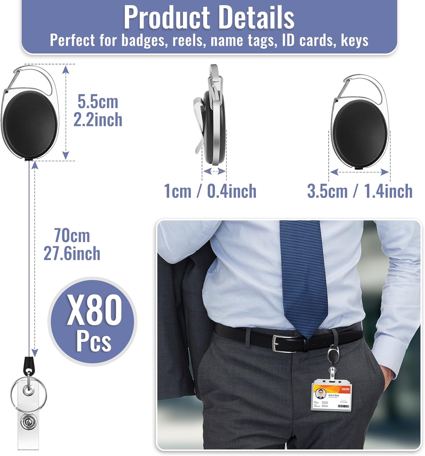 80 Pcs Badge Reels Retractable Bulk ID Badge Holders Retractable Lanyards with Carabiner Reel Clip for Keys, Badge Name Card Holders