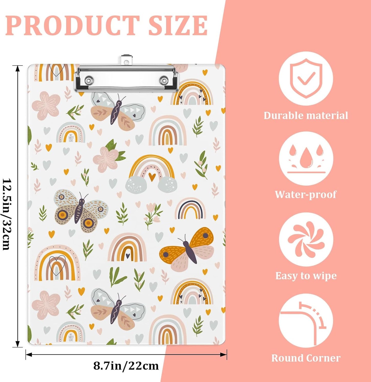 Leaves and Rainbow Plastic Clipboards,Cute Fashion Clipboard Decorative 8.5" x 12.5"Standard A4 Size Clipboards,Acrylic Clipboard for Teacher,Social Worker,Students,Nurse,Office Supplies