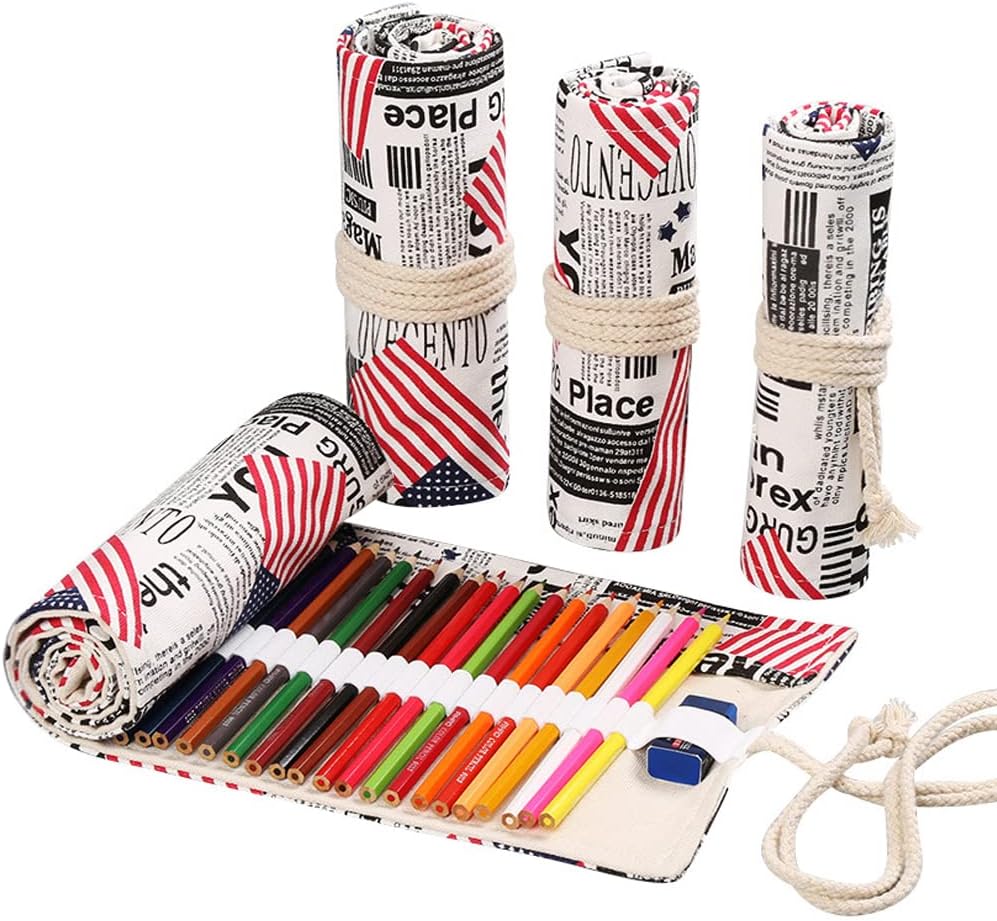 DIYOMR 24/36/72 Slots Pencil Wrap Pencil Rolls, Artist Colored Pencils Roll Up Bag Short Brushes Pouch Case Pencils Organizer for Drawing Coloring and Sketching, NO PENCILS (Flag, 24slots)