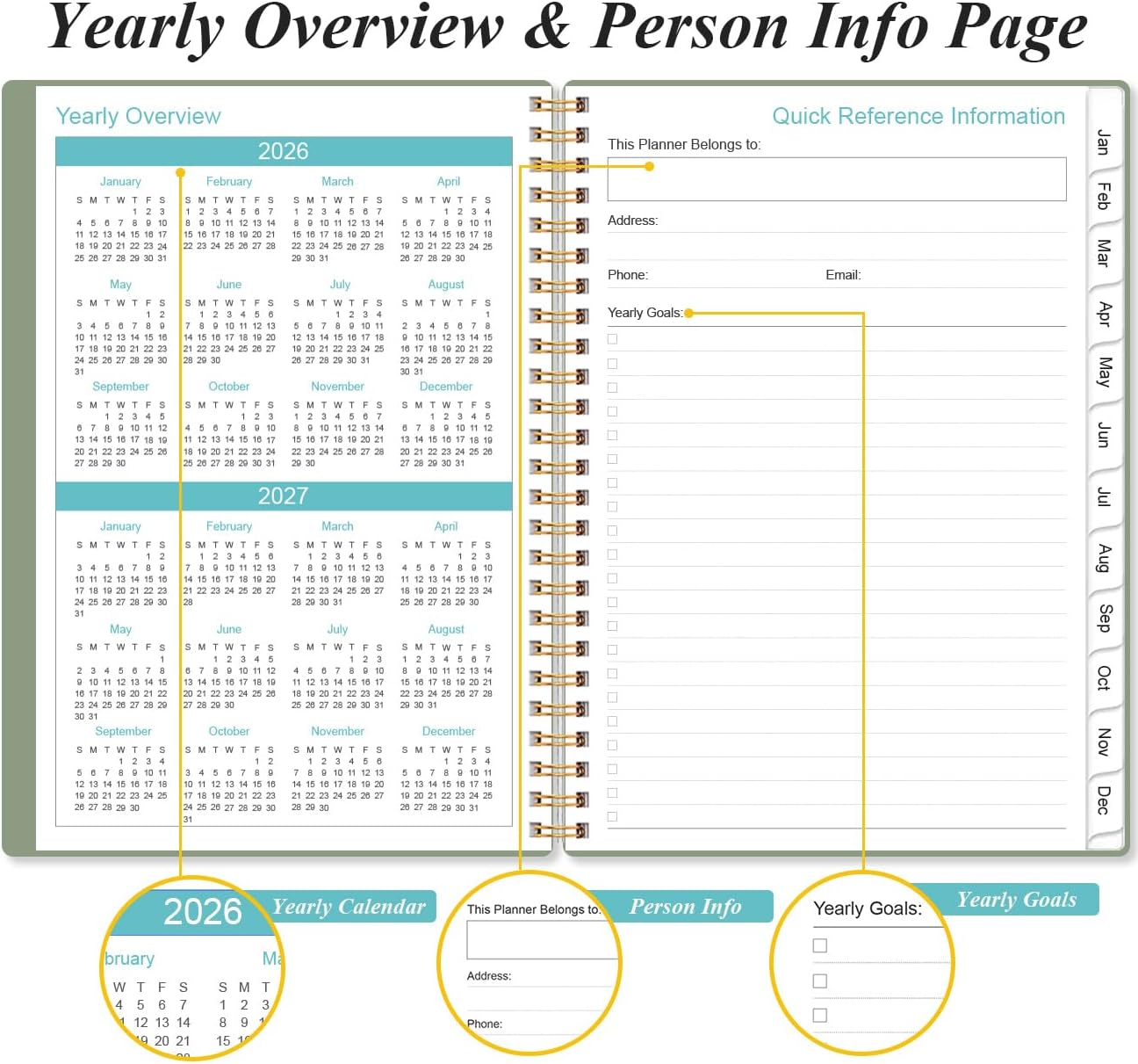2026 Planner - Weekly and Monthly Calendar Planner from Jan 2026 - Dec 2026, Planner 2026 Spiral Bound with 12 Monthly Tabs, Inner Pocket, Perfect for School Office Supplies, 6.4" x 8.5", Green-C