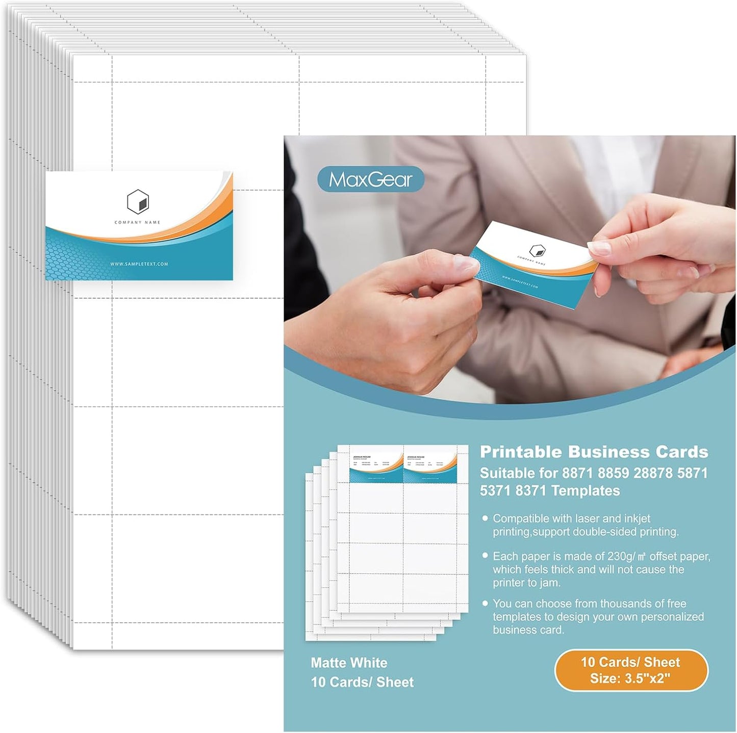 MaxGear Business Cards Printable Business Cards, Compatible with Laser & Inkjet Printer, Double-sided Printing, Heavyweight, Matte White Paper, Smooth Edge, 10 Cards/Sheet, 500 Cards, 3.5" x 2" （8871）