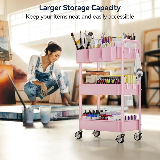 YASONIC 3-Tier Metal Rolling Cart, Heavy Duty Utility Cart - Image 4