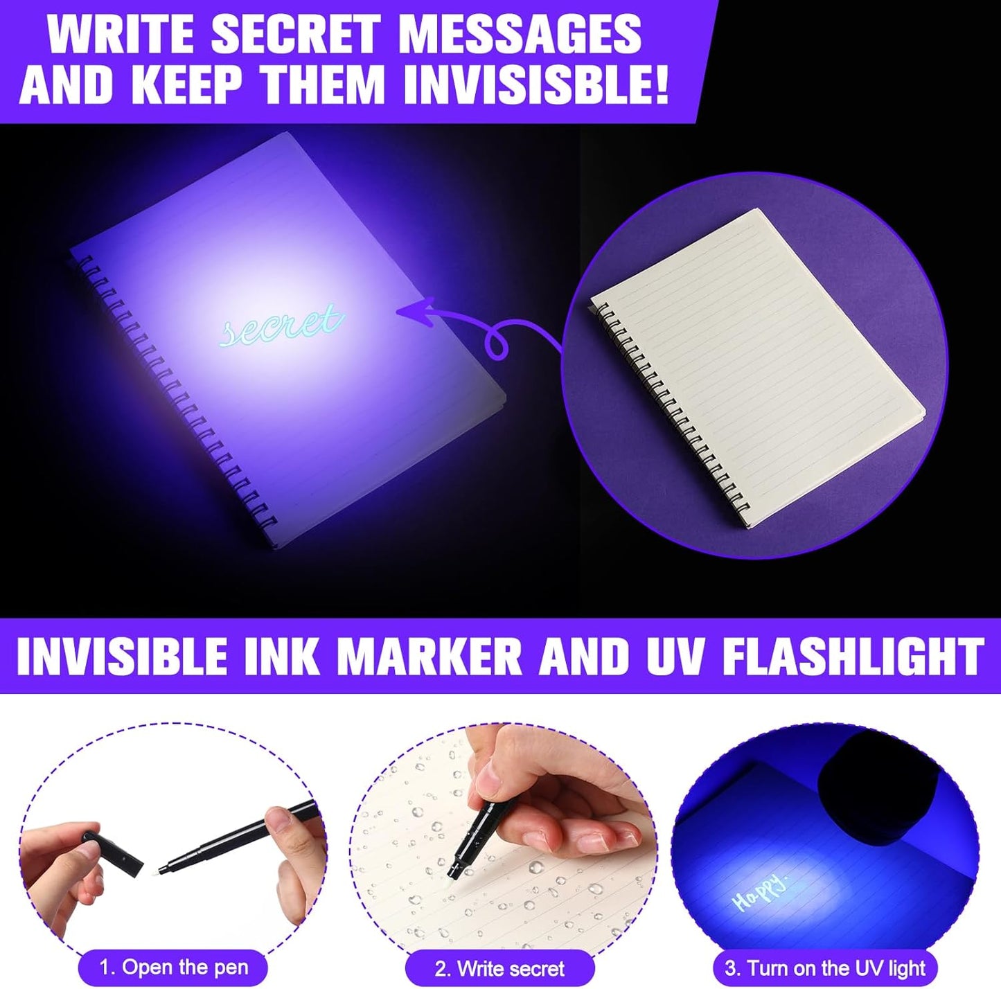 Tegeme 4 Invisible Ink Pen Set 2 Invisible Marker 2 Blacklight Flashlights with UV Black Light Markers Disappearing Ink Pen for Secret Notes Holiday Gifts Party Favors (51 LED)