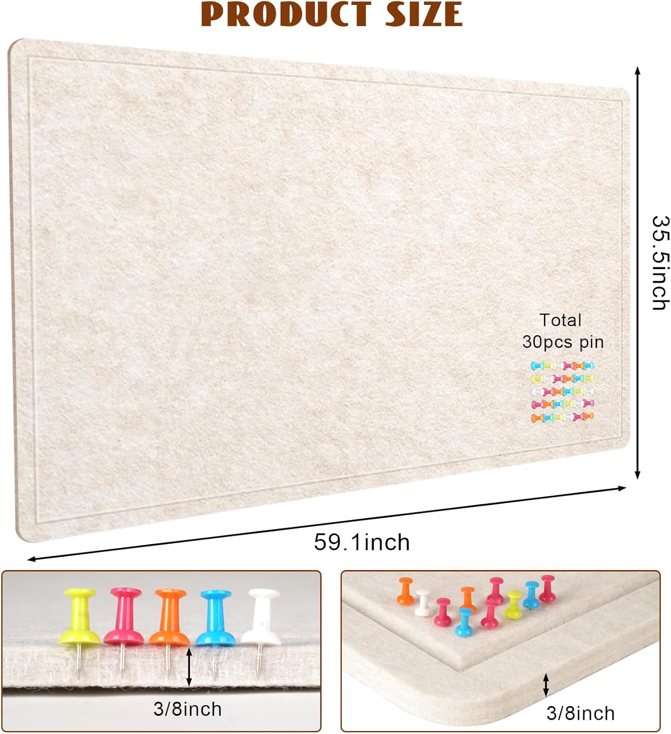 Large Cork Bulletin Board - 60 X 36 Inches With 30 Pushpins, 5' x 3' Pin Board for Walls, Self-Adhesive Felt Vision Board, Foldable Photo Board - Oatmeal