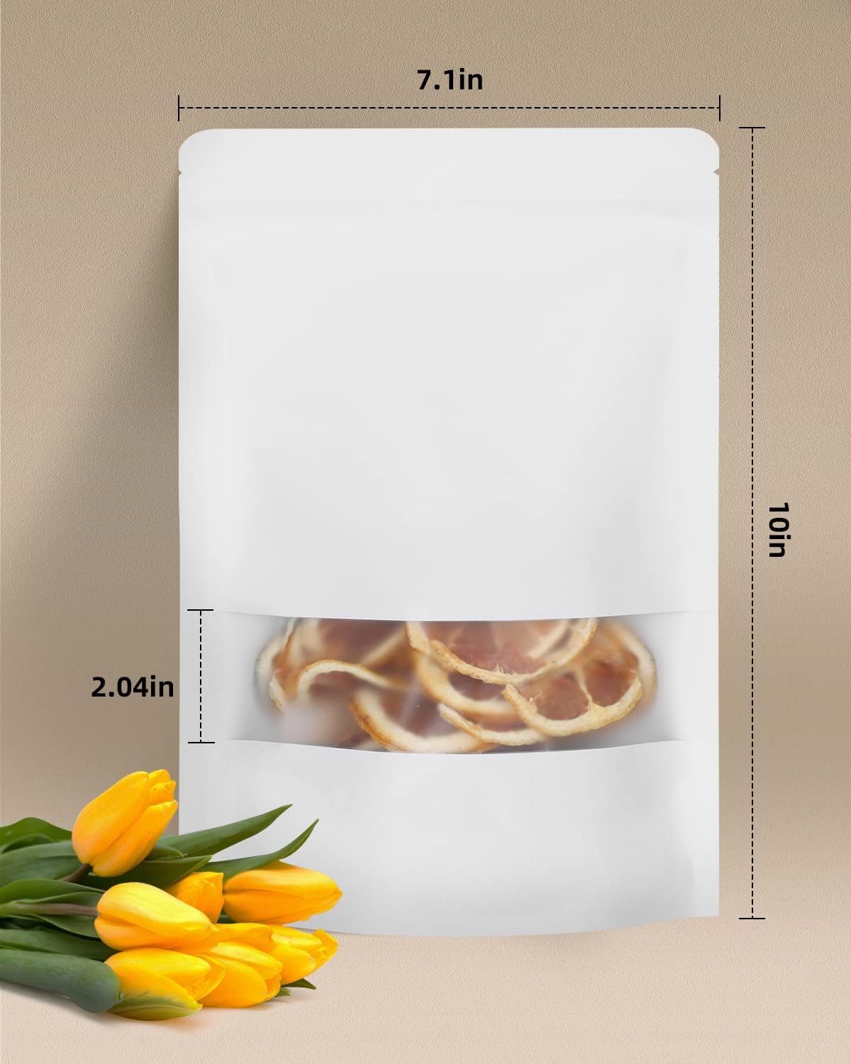 100pcs Kraft Bags with Window 7.1x10 Inches White Reusable Sealable Ziplock Food Storage Stand up Paper Pouches for Home or Business