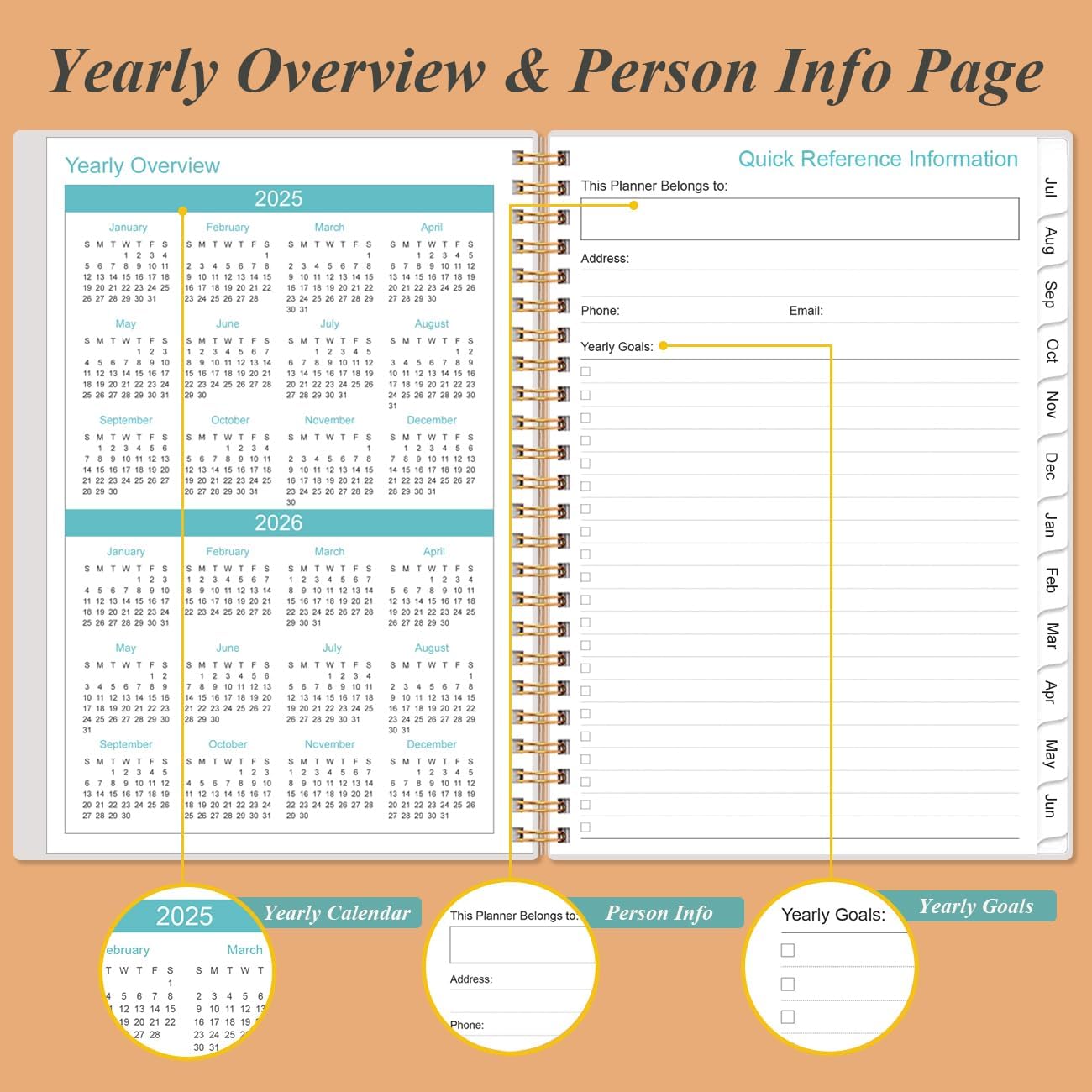 2025-2026 Planner - Academic Planner 2025-2026 from July 2025 - June 2026, Weekly & Monthly Planners Spiral Bound with 12 Monthly Tabs, Inner Pocket, 6.4" x 8.5", Rose Flower