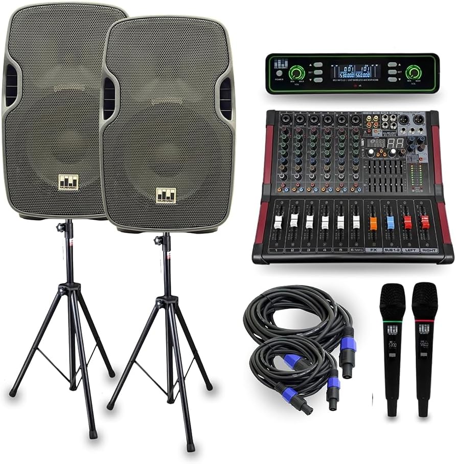 MUSYSIC Portable PA System with Wireless Microphone and Speakers – 6 Ch Audio Mixer with Built-in 2000W Amp & Wireless UHF Microphone System, Multiple Inputs, Complete w/Stands - 12" Speaker 1000W