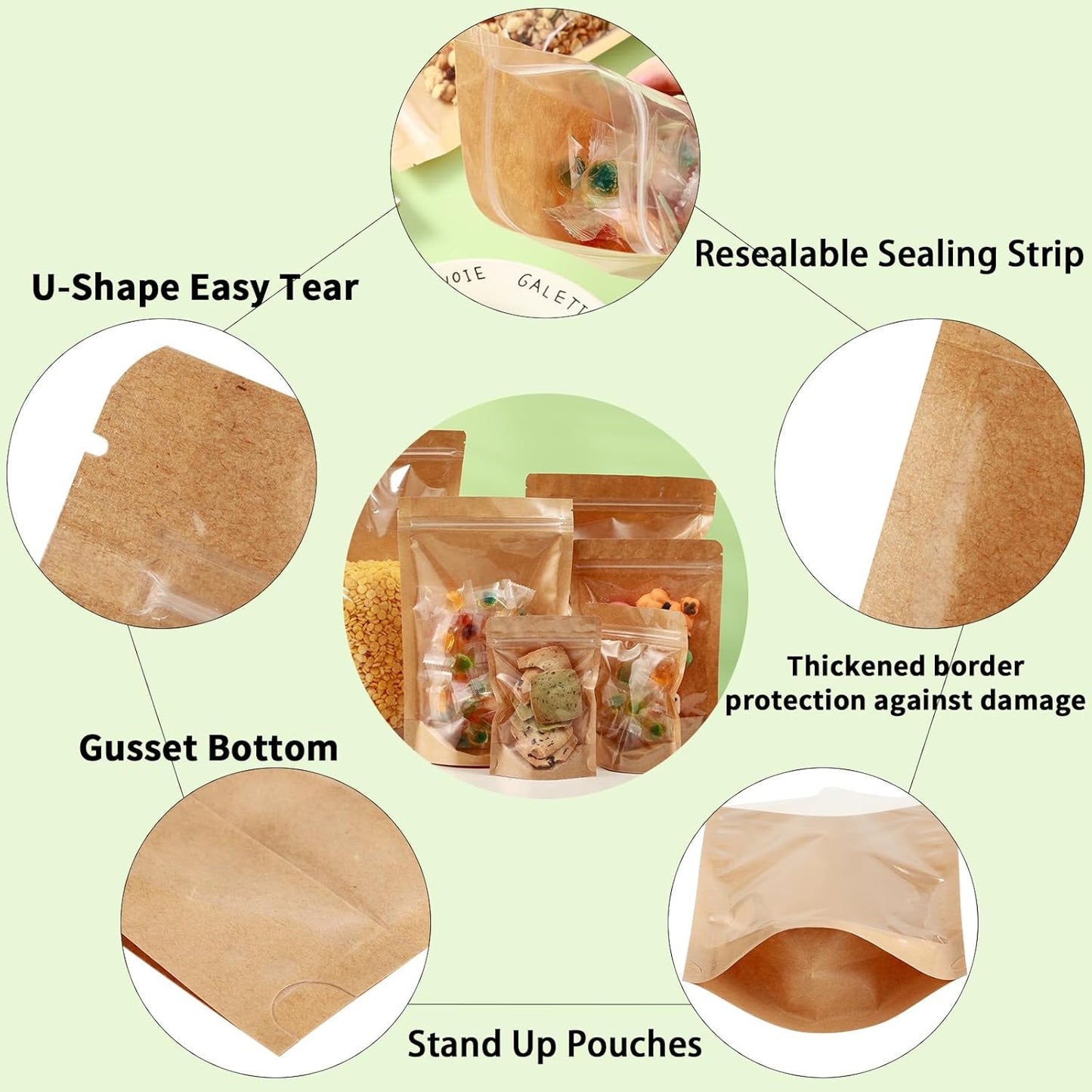 150-Pack Kraft Paper Bags with Clear Window 6" x 9" Reclosable Small Stand Up Mylar Bags for Food Storage Resealable Smell Proof Pouch, Edible Packaging, Reusable bags for Small Business