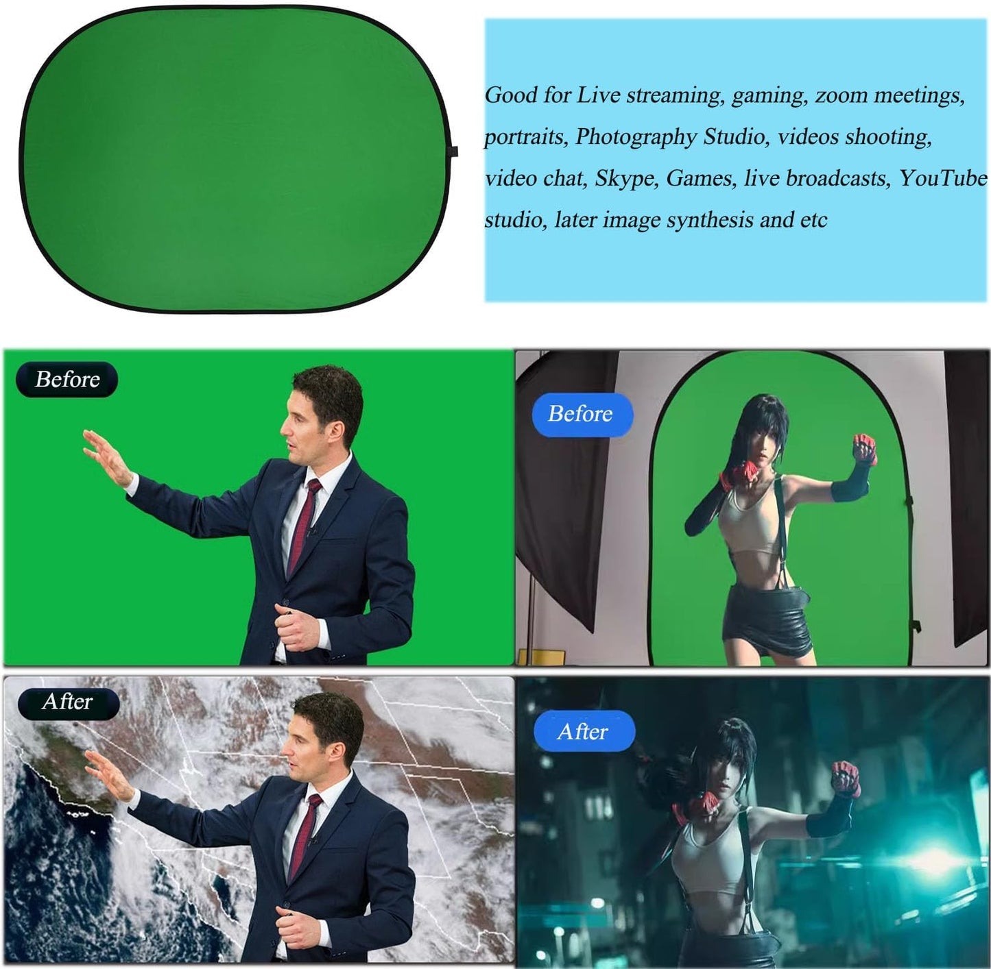 3.3x5ft/1x1.5m Chromakey Backdrop, 2-in-1 Green Screen and Blue Screen, Collapsible Pop Up Reversible Background for Photography Studio, Live Streaming, Video Shooting, YouTube (Green/Blue)