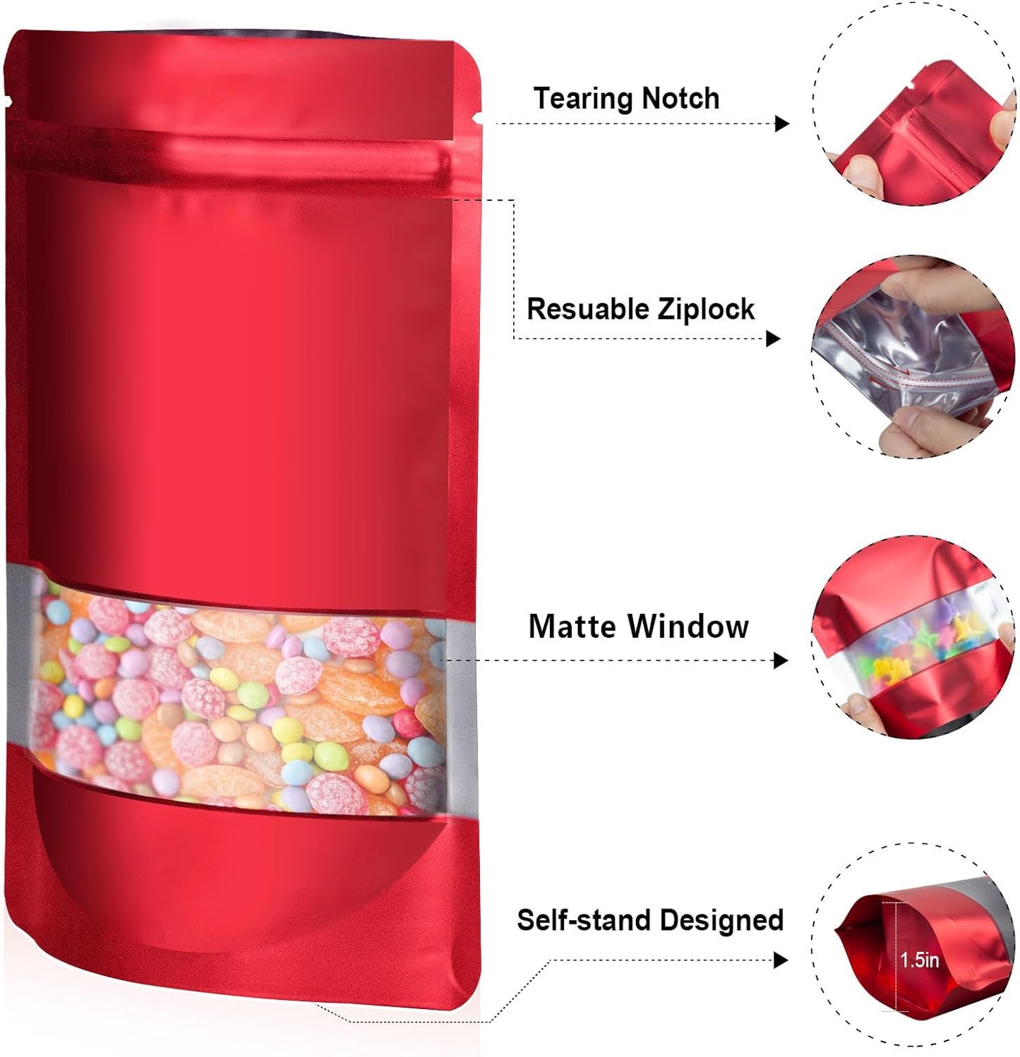 7.1"x10.2" 1 Quart 120pcs Mylar Bags for Food Storage,Smell Proof Bag with Matte Window Resealable Food Storage Bags for Small Business, Stand-up Foil Pouch Packaging Freeze Dried Candy Bag（Red）
