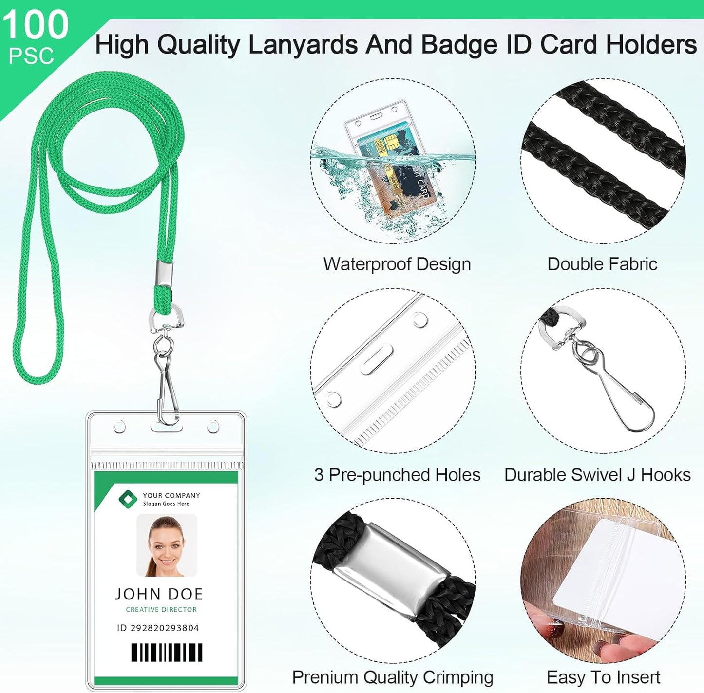Marspark 100 Pieces Lanyards for ID Badges Name Tag Lanyards Bulk Neck Lanyard Badge Holder for Reel ID Card Name Badge Holder Waterproof Plastic Resealable Card Sleeves Hook Cords(Green)