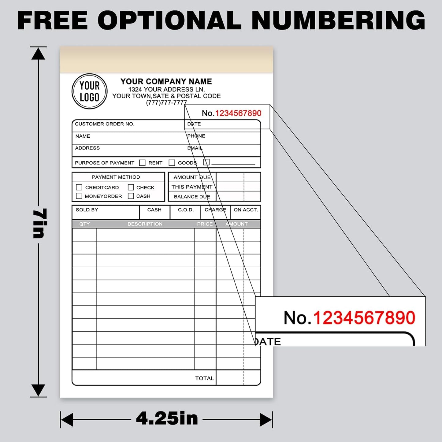 Custom Sales Invoice Personalized Carbonless NCR Forms with Company Name/Logo Personalized Invoice, Receipt Book, Work Sales Purchase Orders, Estimates, Quote Forms 4.25" x 7" - 2 Part(100 Sets)