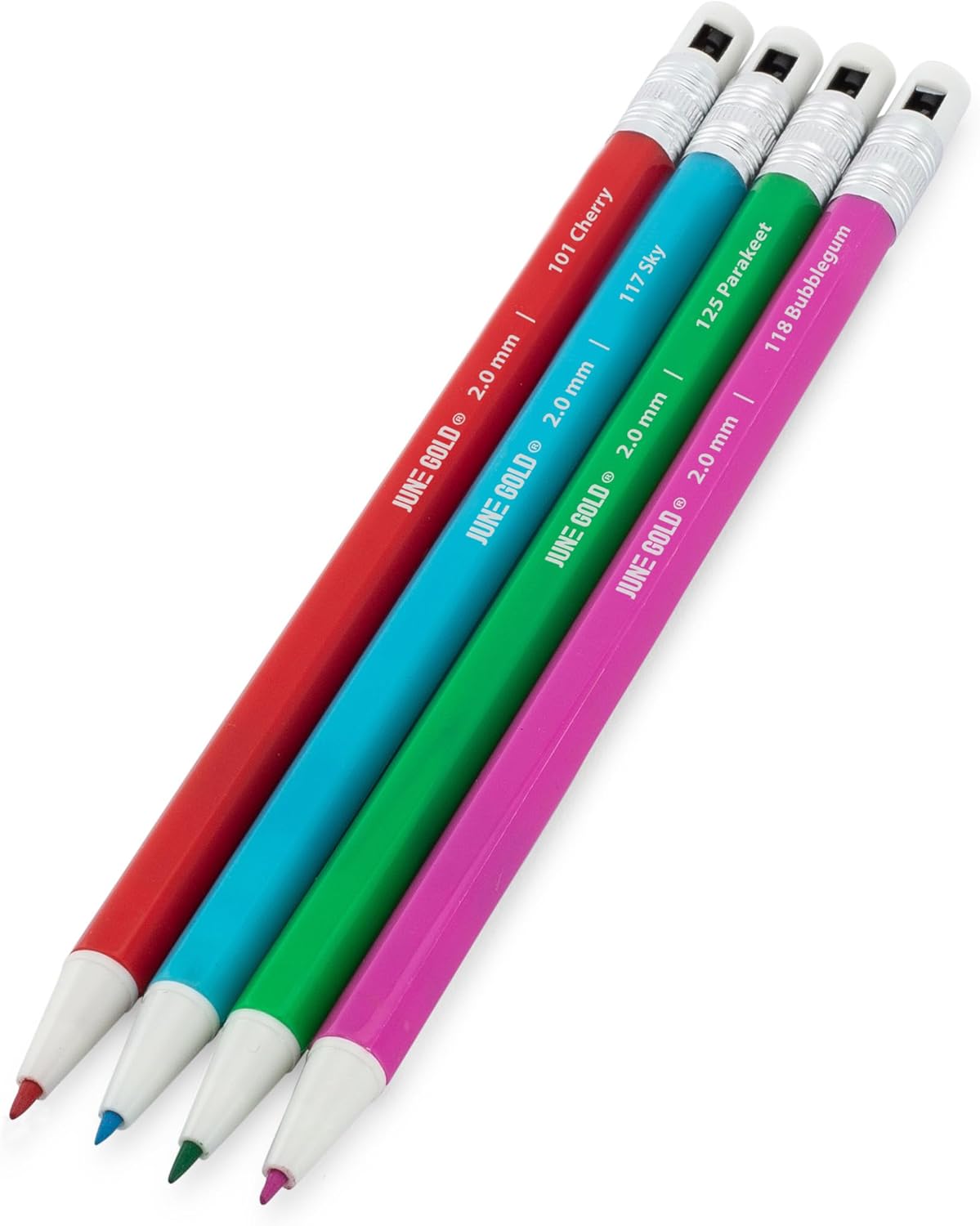June Gold 36 Assorted Colored 2.0 mm Mechanical Pencils with 36 Unique Color Leads, 36 Extra Refills, 2 Independent Sharpeners, Color Name is Printed on Each Pencil Barrel, Built in Rear Sharpener