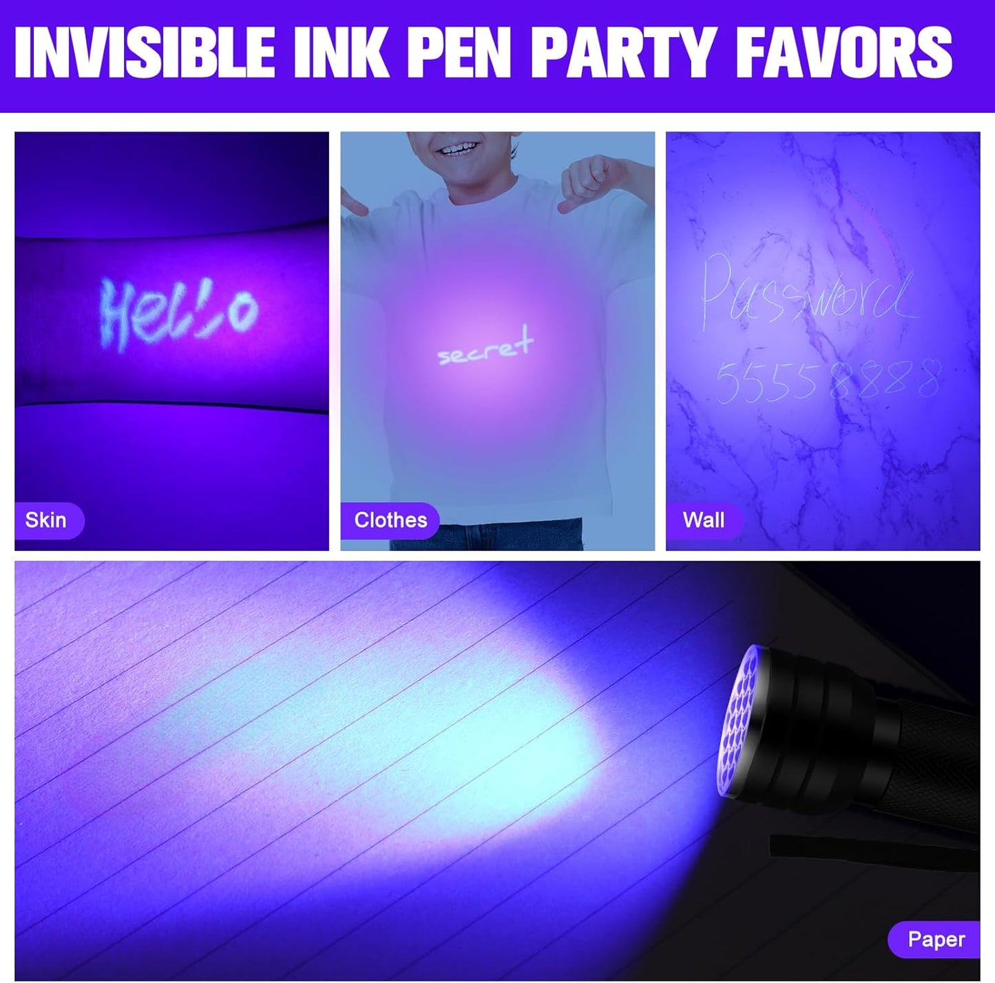 Tegeme 4 Invisible Ink Pen Set 2 Invisible Marker 2 Blacklight Flashlights with UV Black Light Markers Disappearing Ink Pen for Secret Notes Holiday Gifts Party Favors(21 LED)