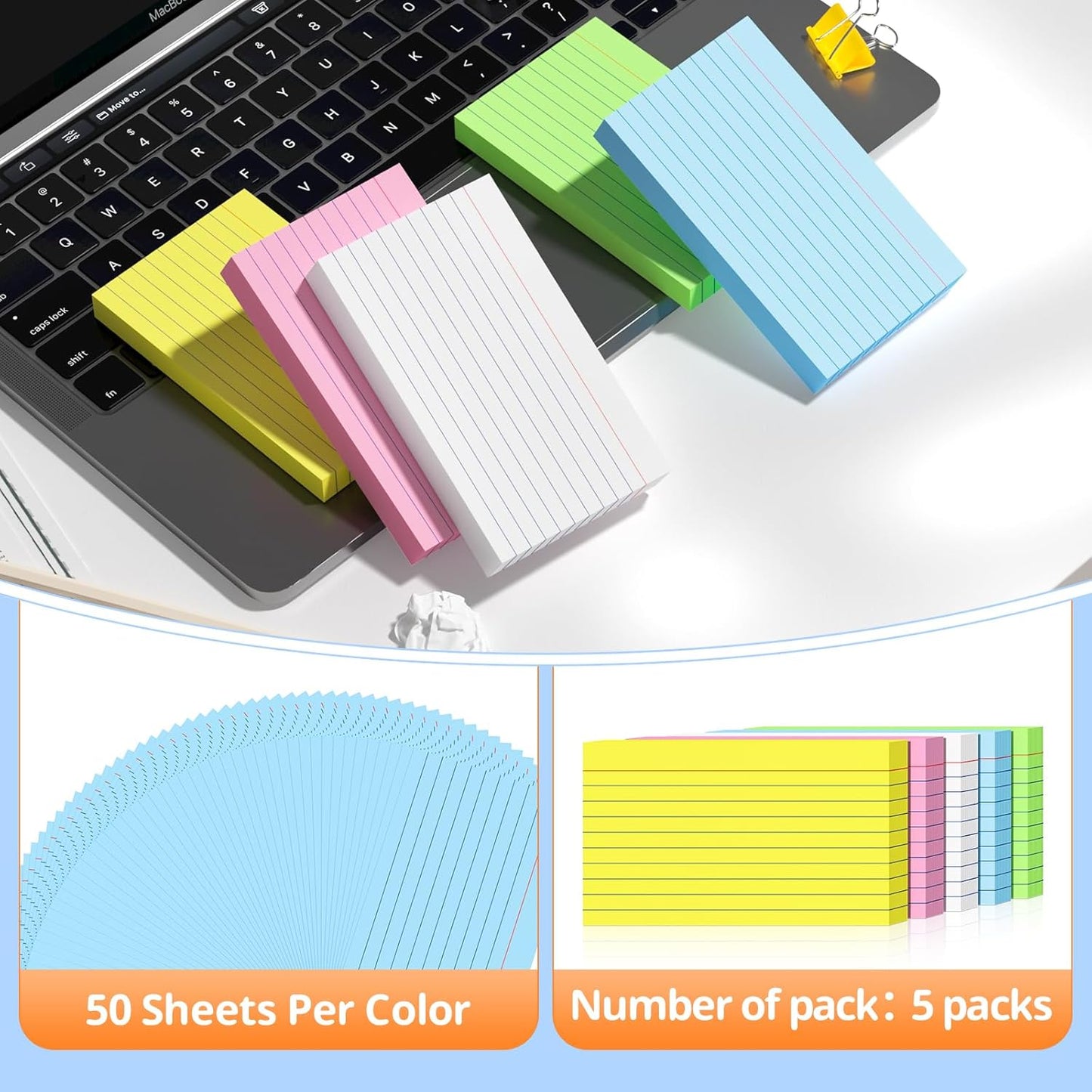 Index Cards 3 X 5, 250 Count, Colored Flash Cards For Studying, Lined Flashcards Notecards, Study Card, Ruled Front And Blank Back, Heavy Note Cards For Office, Home And School