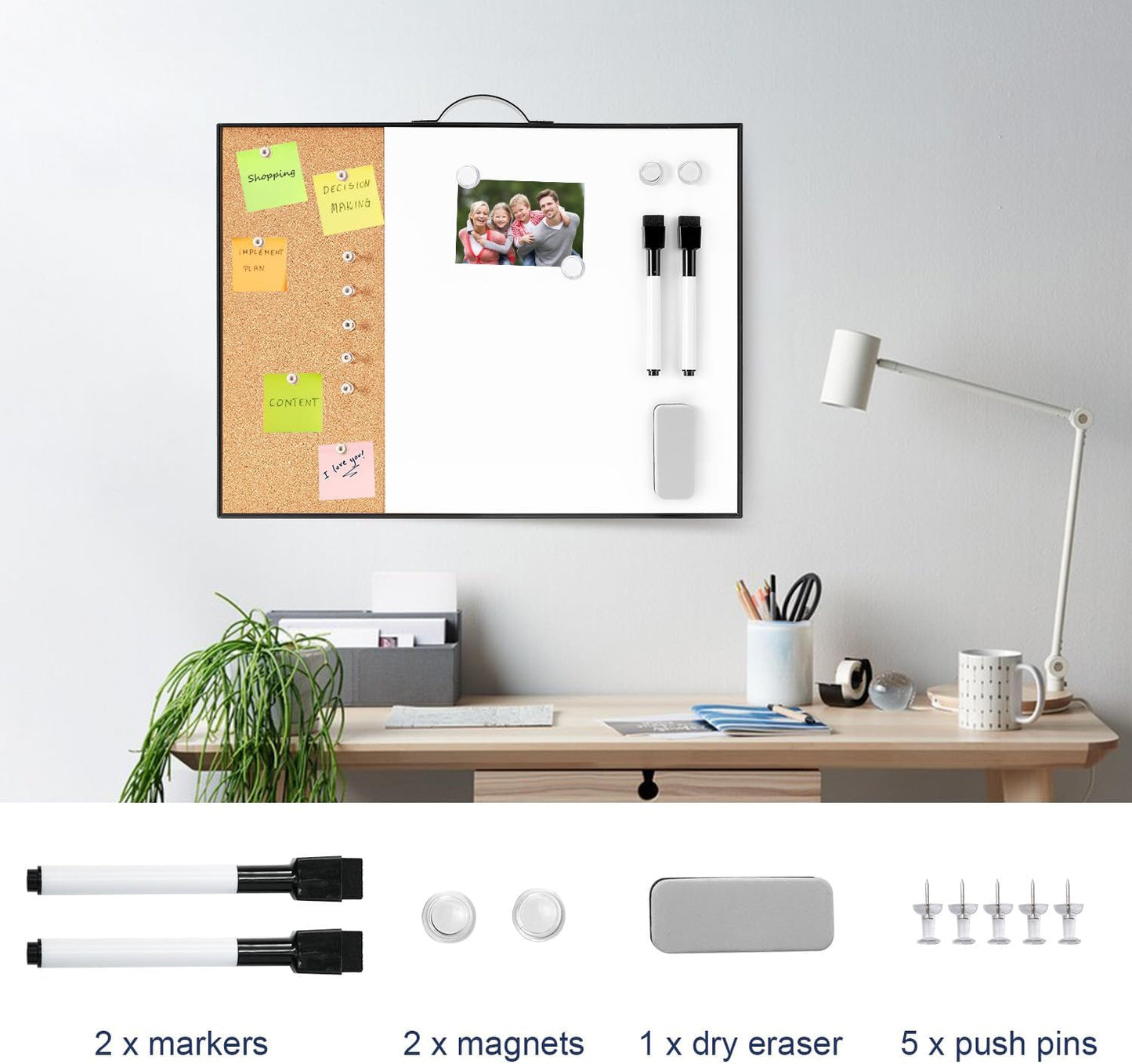 Small Cork Board Whiteboard Combo - 12" X 16" Portable Aluminum Black Framed Magnetic Dry Erase Board for Wall, Mini Bulletin CorkBoard with a Handle for Office, Home and School