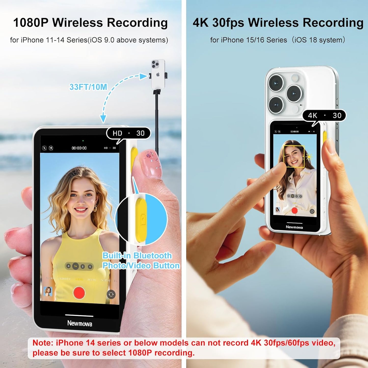 Newmowa Touchscreen Phone Vlog Selfie Monitor Screen, Magnetic Wireless Back Camera Selfie Monitor with Focus Adjustment ONLY for iPhone, Support 4K 30fps Wireless Recording for iPhone 15/16(White)