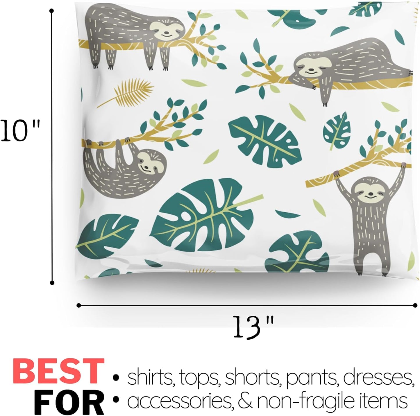 Poly Mailers 10x13 100 Pack | Self-Sealing Shipping Bags Envelopes for Small Business | Waterproof Durable Packaging | Sloth | Palm Green Animal Floral | à la mode Mailers