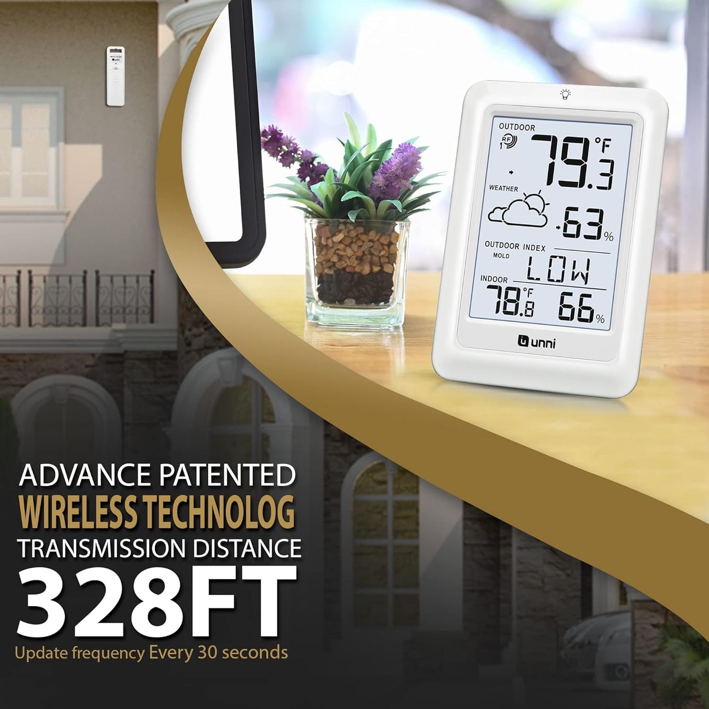 Indoor Outdoor Thermometer Wireless Weather Station, Temperature Humidity Monitor Battery Powered Inside Outside Thermometers with 330ft Range Remote Sensor and Backlight Display（WH01）
