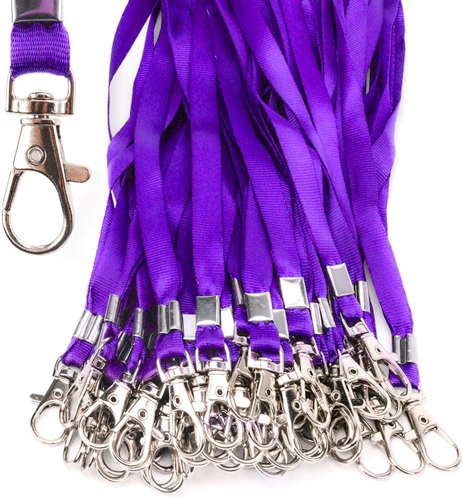 Lanyards 100 Pcs Bulk Lanyard for Id Badges Flat Black Lanyard with Badge Clip Swivel Hook (100, Purple)