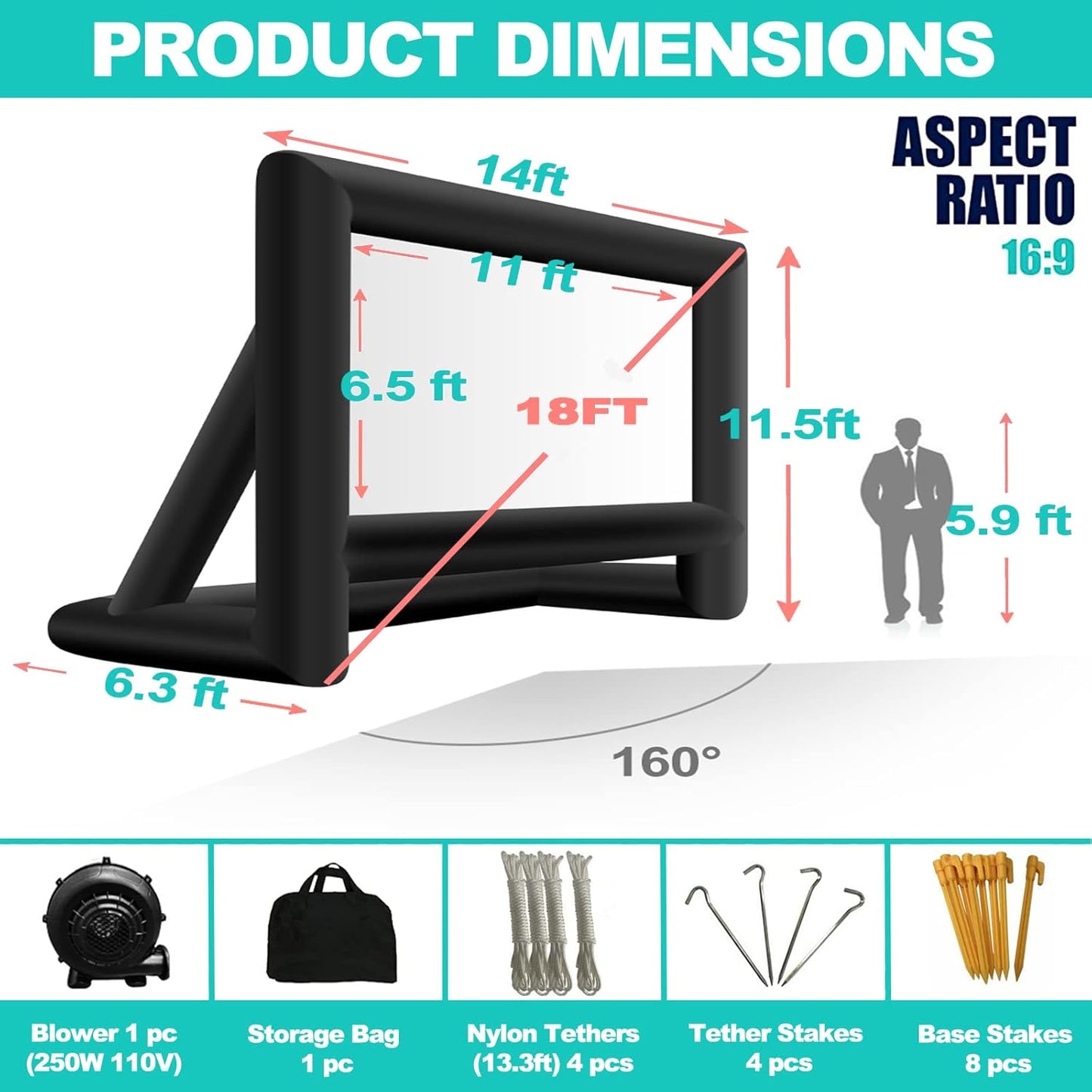 18 feet Inflatable Outdoor Projector Movie Screen - Package with Rope, Blower, Tent Stakes - Portable, Great for Outdoor and Indoor Party Watch Movies