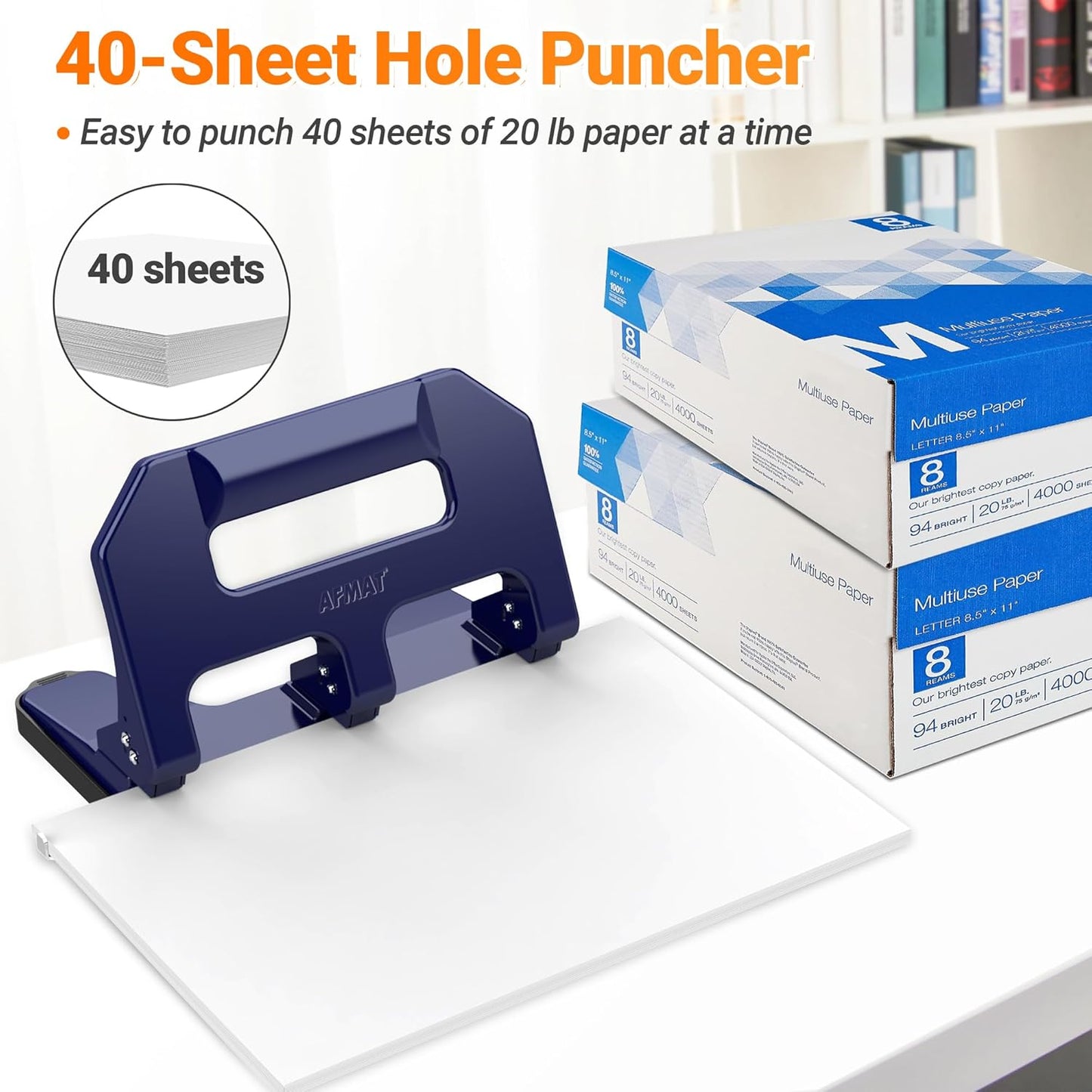 3 Hole Punch Heavy Duty, AFMAT 3 Hole Puncher for Binder, 40-Sheet Three Hole Punch w/ 10000+ Uses, Metal Hole Puncher 3 Ring, 50% Reduced Effort, Bulit-in S.S. Paper Guide, Model: HPX1 (Blue)