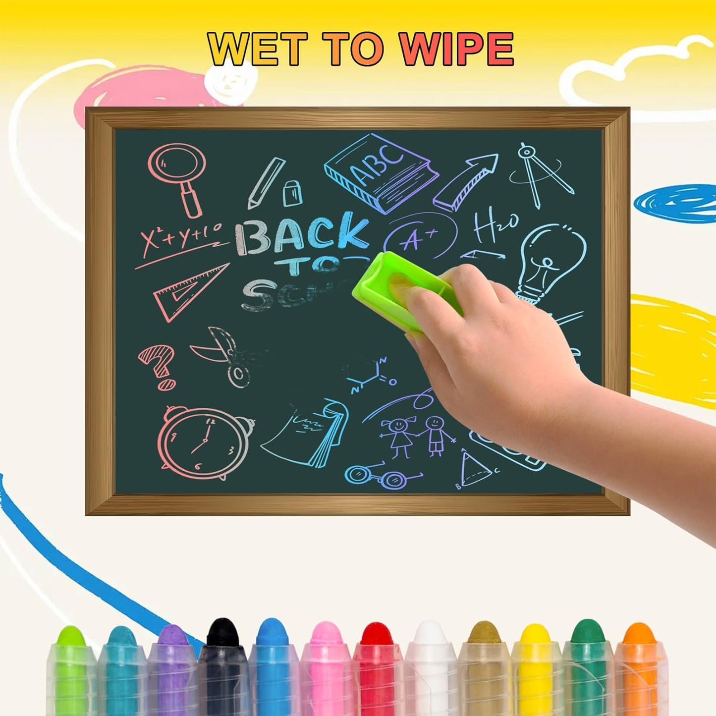 Dustless Chalk Set for Kids, 12 Chalks with Twistable Holder+12 Refills+Wet Wipe Eraser, Non-Toxic Washable Chalkboard Toddlers Chalk, for Blackboard Drawing Writing and Sidewalk Creativity