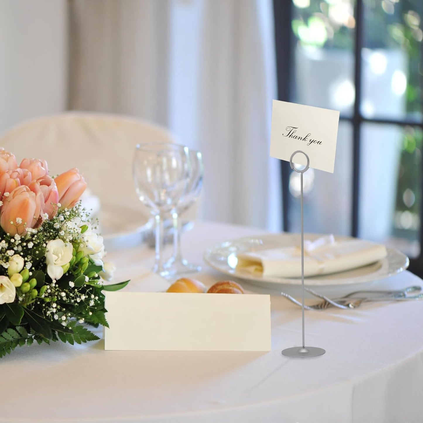 Urban Deco 16PK Table Number Holders Place Card Holders 12 Inch Table Card Holders Steel Card Holders for Photos, Food Signs, Memo Notes, Weddings, Restaurants, Birthdays（Matte Silver）