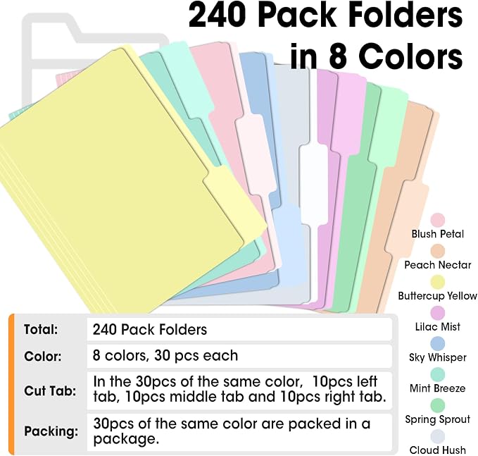 240 Pack File Folders, 1/3 Cut Tab Colored File Folders Letter Size 8.5 x 11 - Image 5