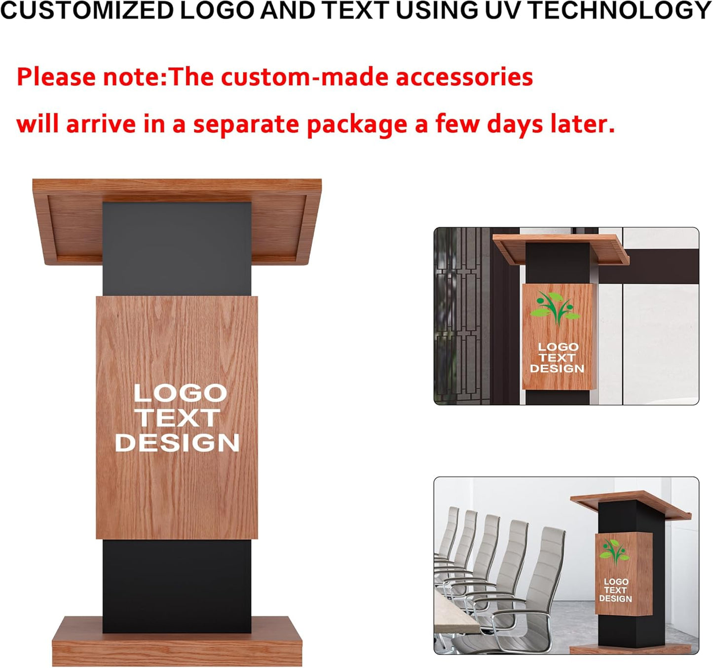 Customizable Logo & Text Podium Stand,Wood Lectern with Lockable Wheels,Church Pulpit with Storage,Mic Stand Space,Wooden Podium for Churches,Seminars and Schools (Brown)