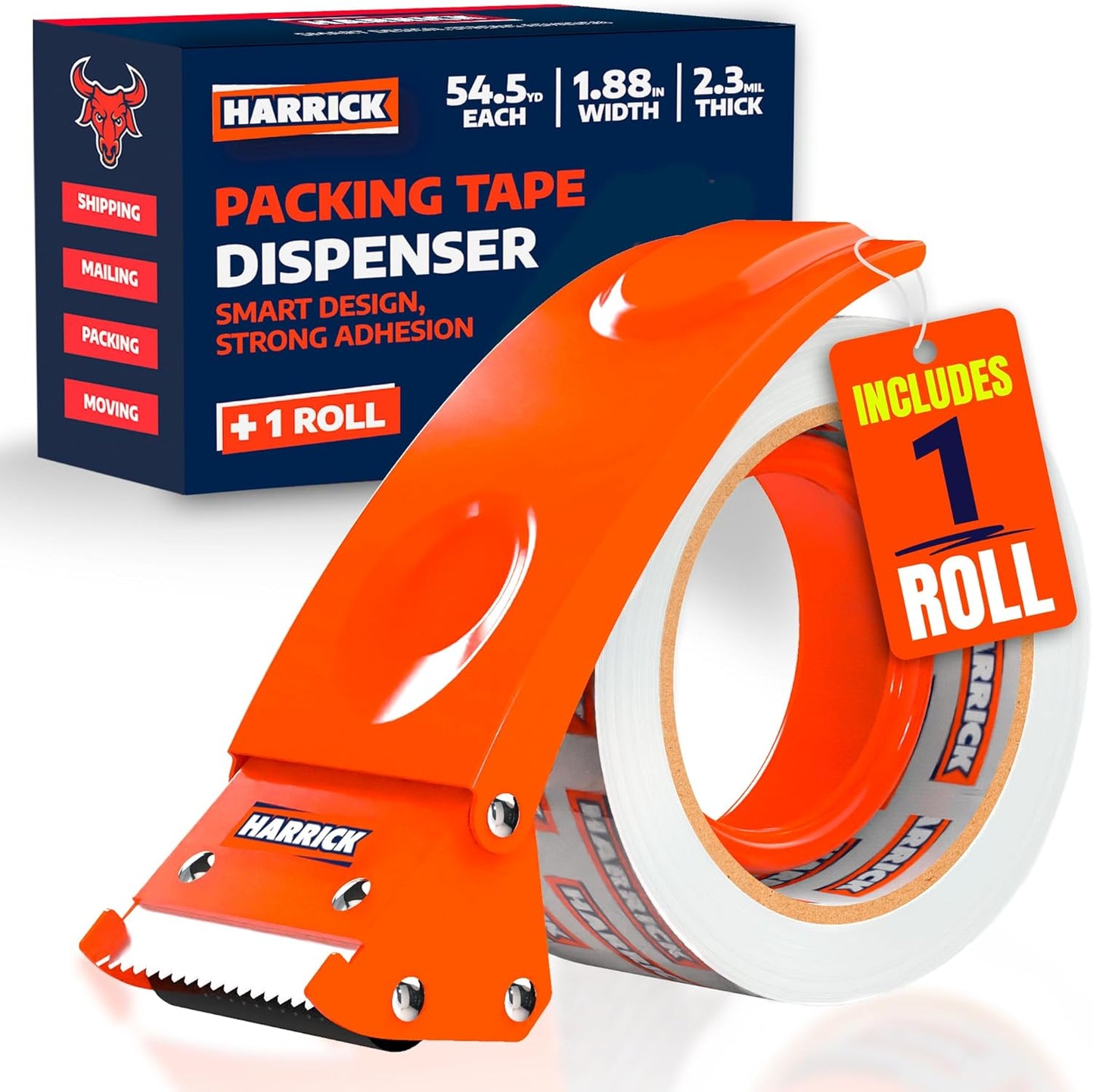 Clear Packing Tape with Dispenser 1.88 inch - Metal Strong & Durable Heavy Duty Packing Tape with Dispenser - Strong Strapping Tape with Dispenser Easy Tear & Seal - 1 Roll / 1 Dispenser / 54.5 Yards
