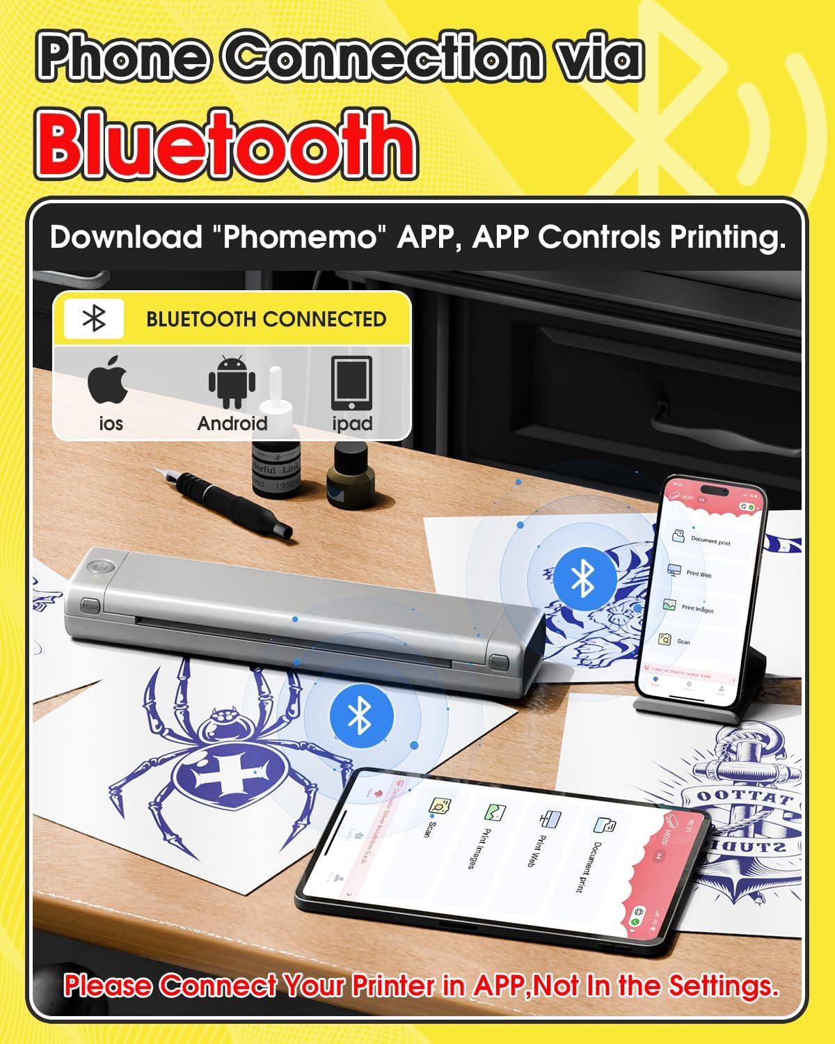 Phomemo Tattoo Stencil Printer, M08F Wireless Thermal Tattoo Printer with 10pcs Transfer Paper, Compatible with Phone/Tablet/PC, Tattoo Supplies for Tattoo Artists & Beginners, Silver