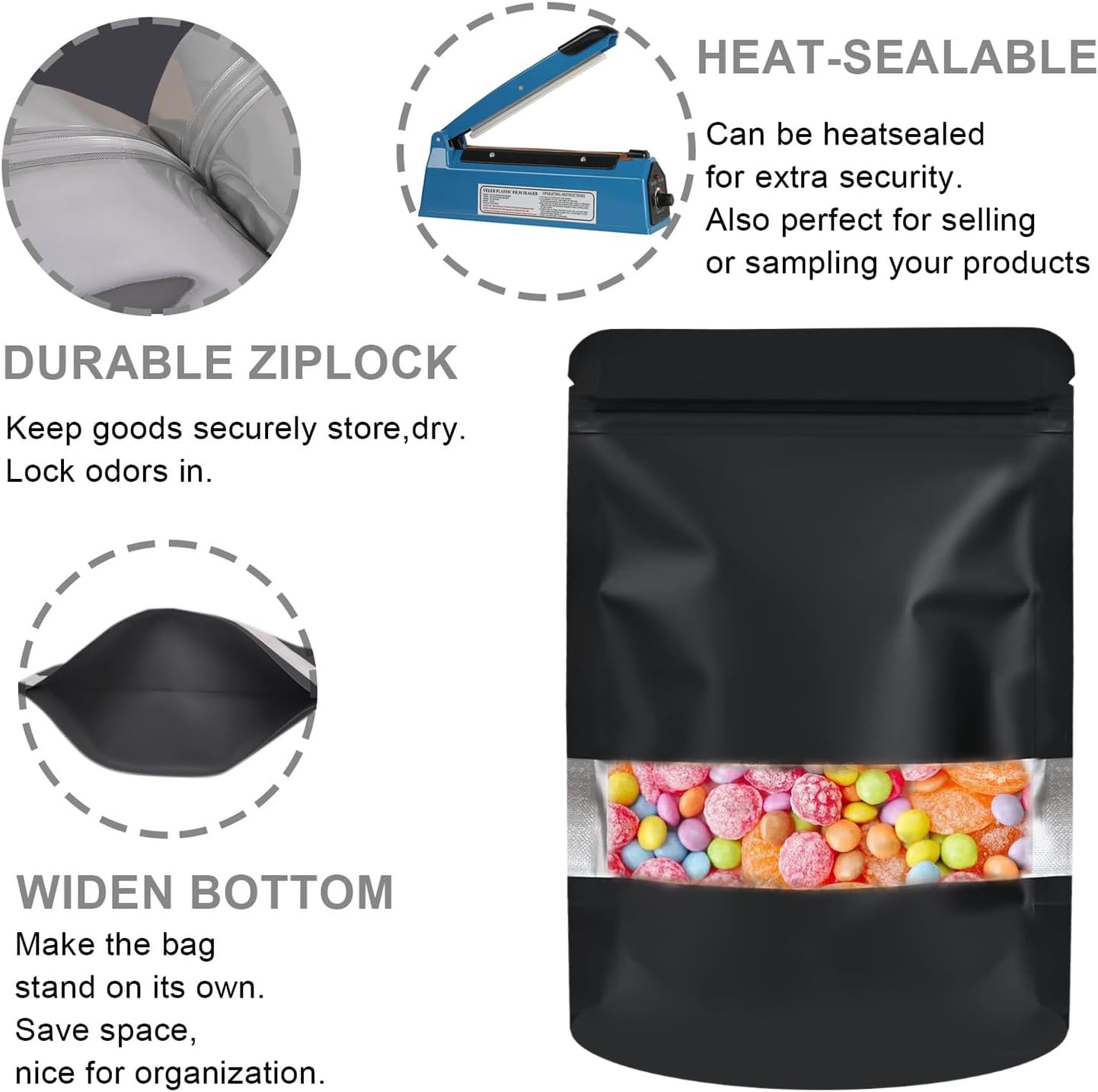 100 Pack Smell Proof Bags, Resealable Food Storage Bags with Clear Window, Stand Up Smell Proof Mylar Bags Self Seal Foil Pouches for Food Storage Packaging (Black, 4 x 6+2.4 Inch）
